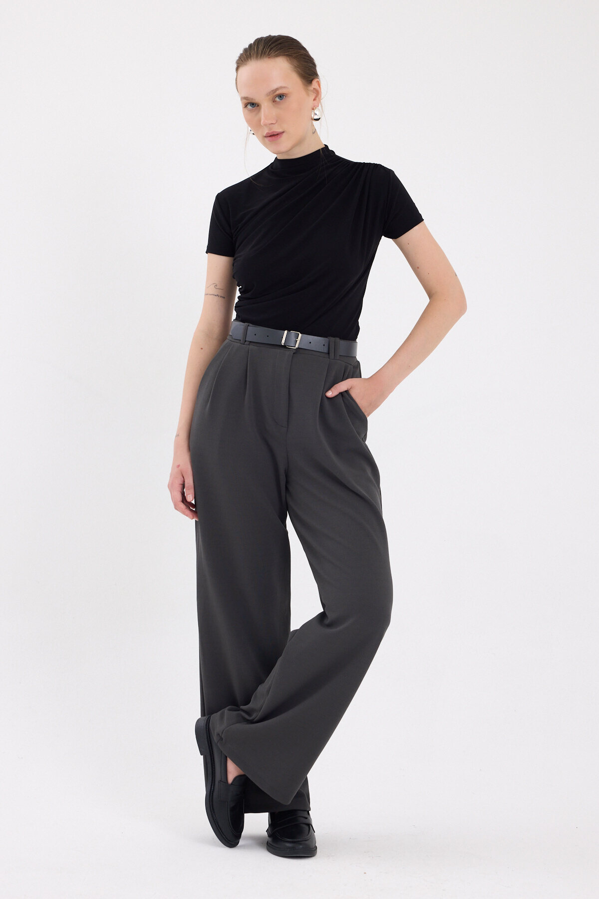 Antrasit Çift Pile Detay Kemerli Kadın Pantolon 5009 - 7