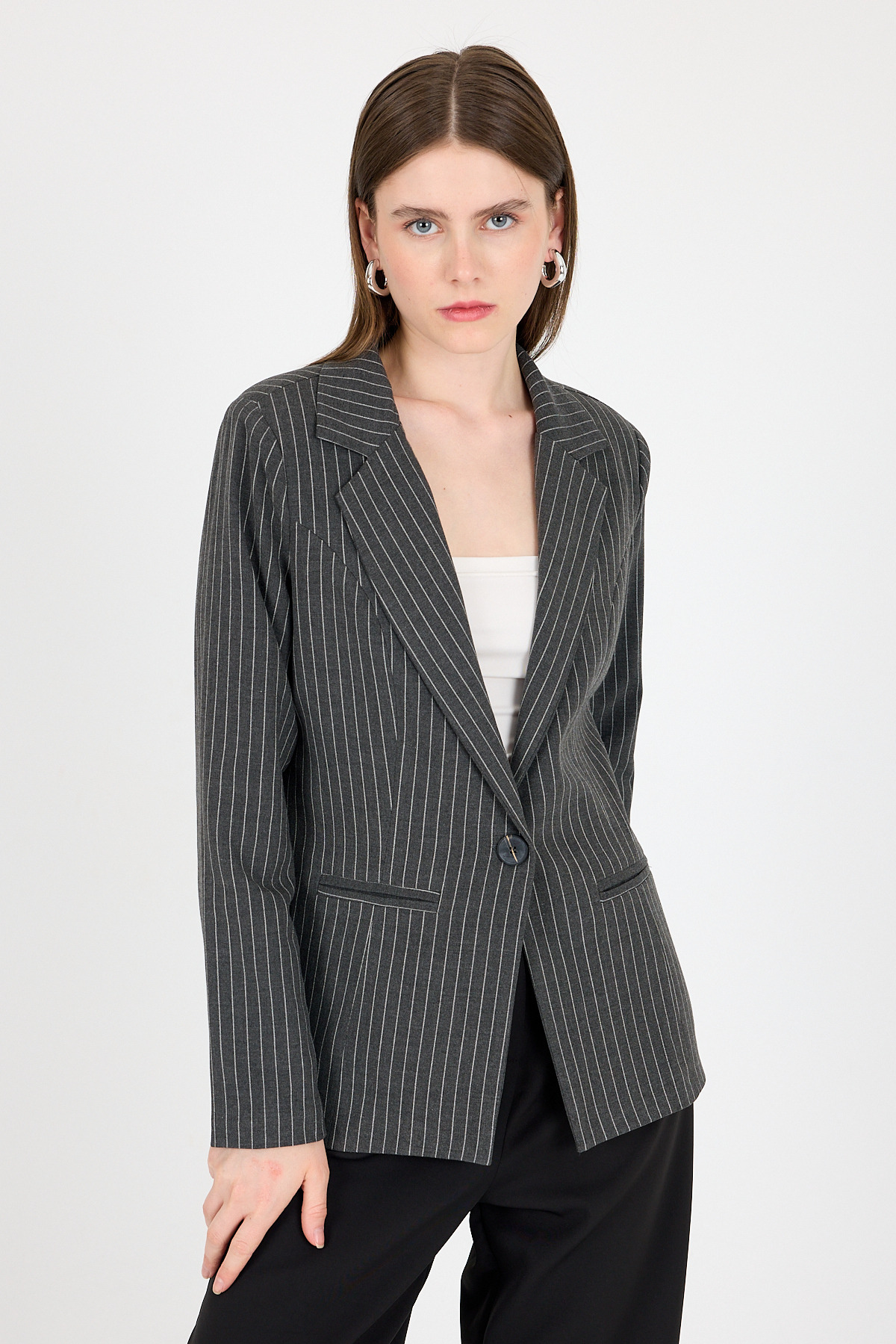 Antrasit Çizgili Tek Düğmeli Blazer Ceket 4594A - 1