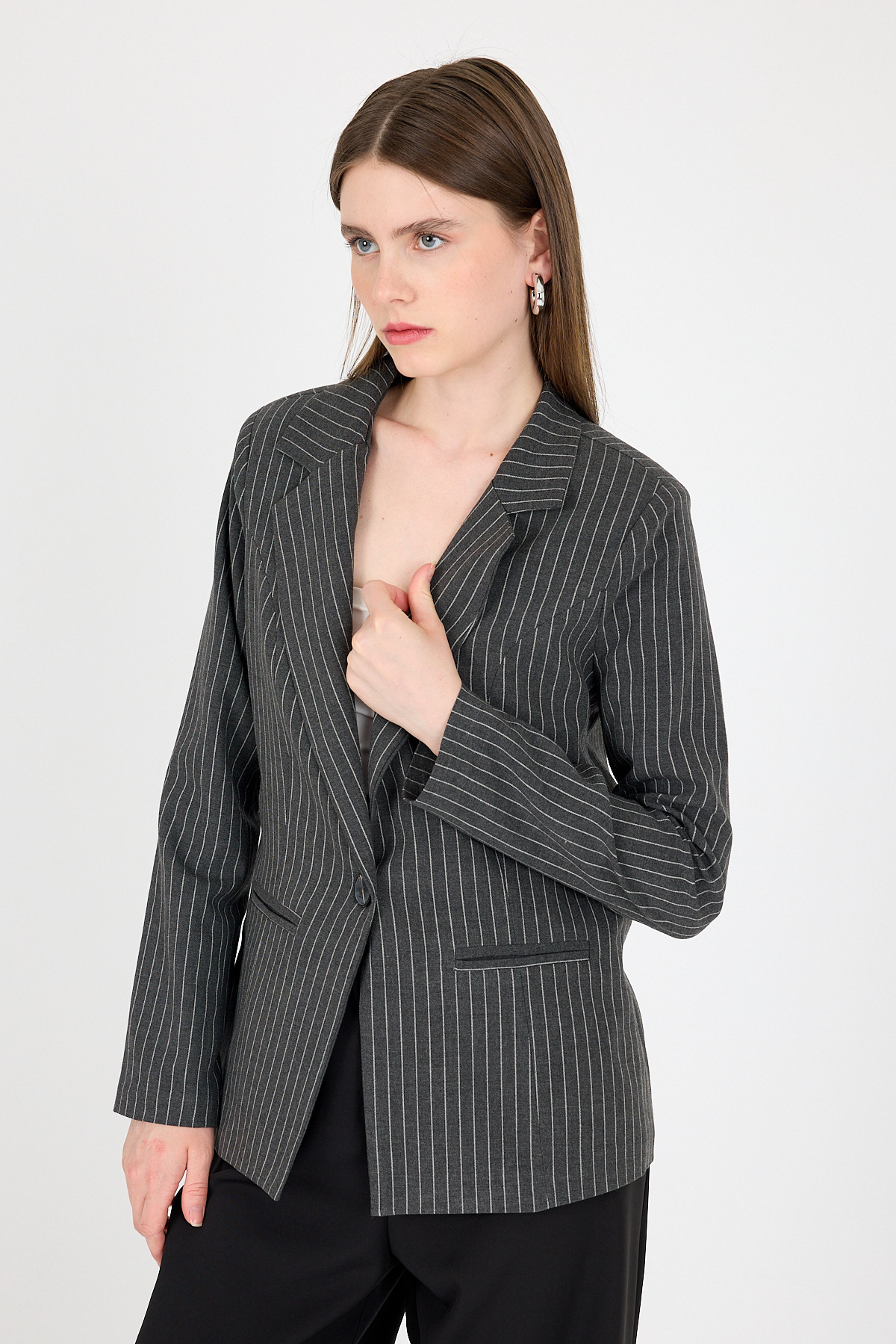 Antrasit Çizgili Tek Düğmeli Blazer Ceket 4594A - 2