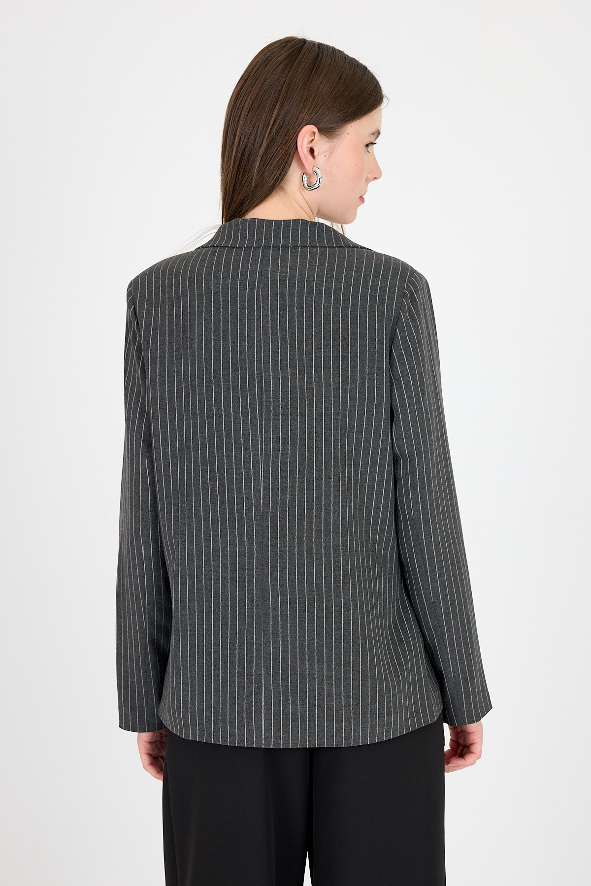 Antrasit Çizgili Tek Düğmeli Blazer Ceket 4594A - 5