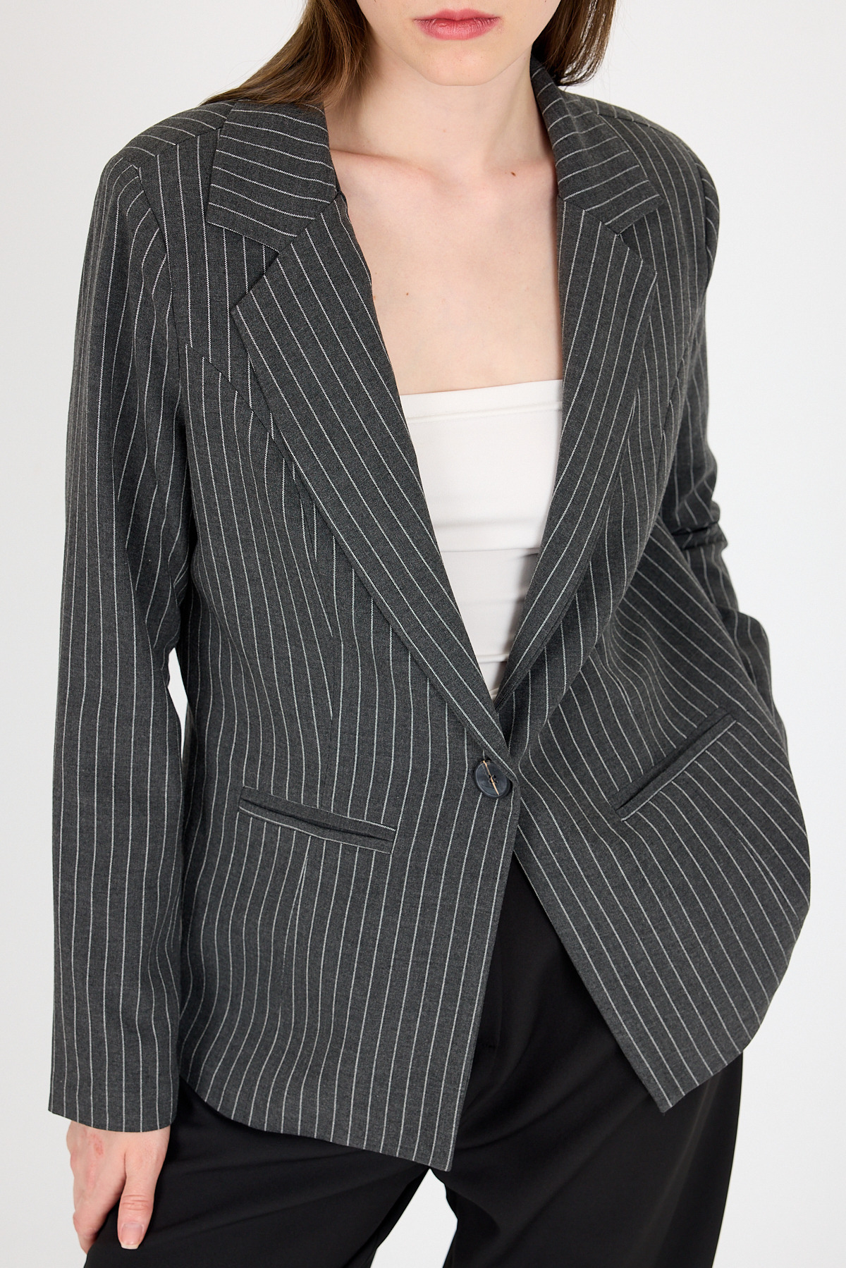 Antrasit Çizgili Tek Düğmeli Blazer Ceket 4594A - 4