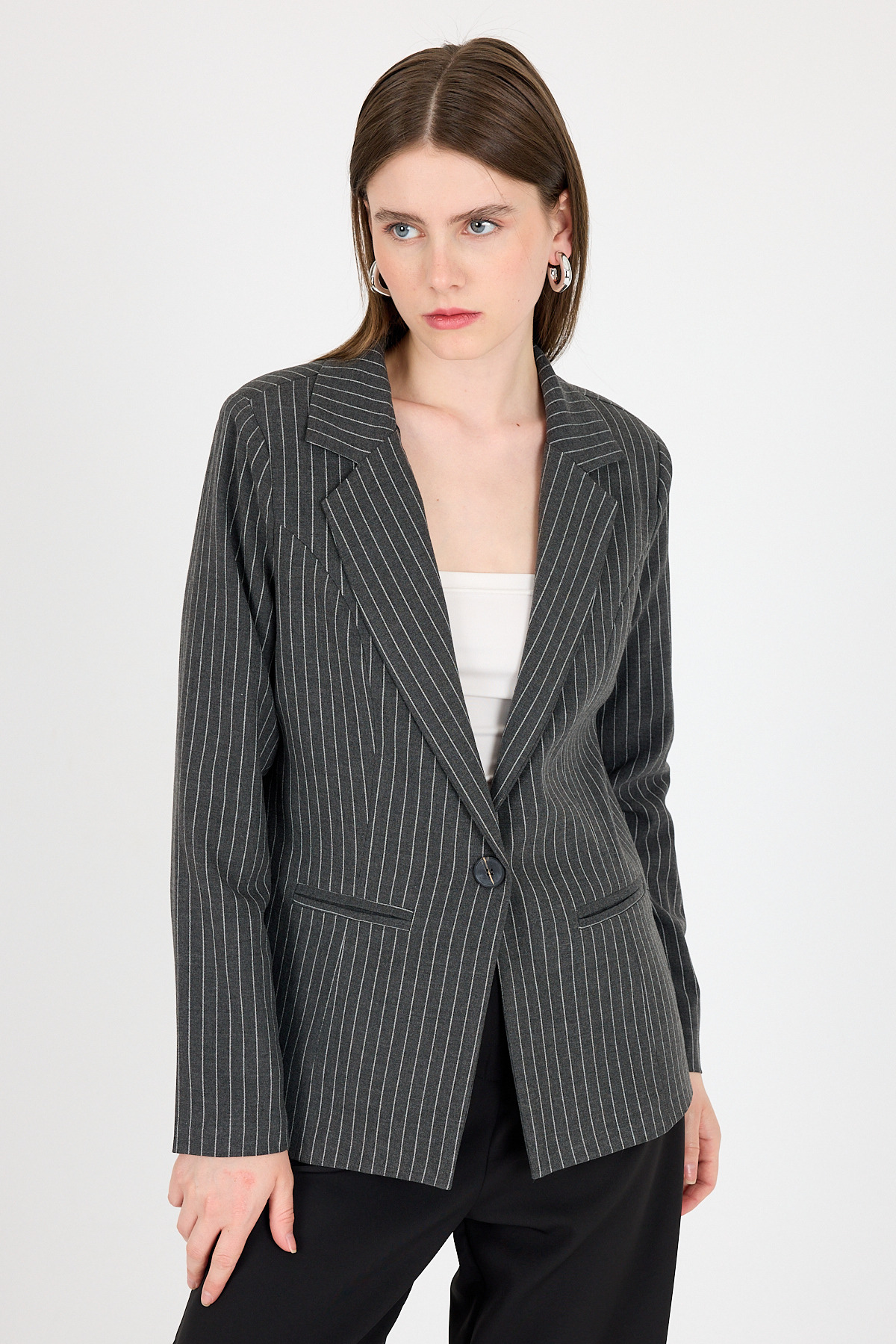 Antrasit Çizgili Tek Düğmeli Blazer Ceket 4594A - 7