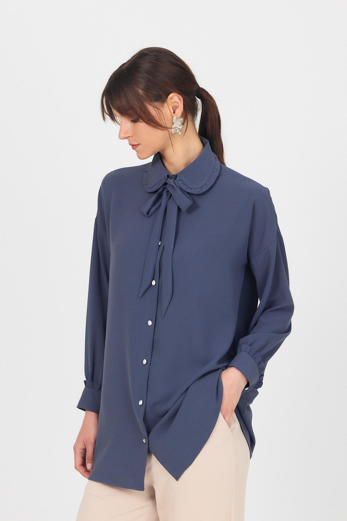 Antrasit Fırfır Yaka Detaylı Bağlamalı Tunik 4856A 