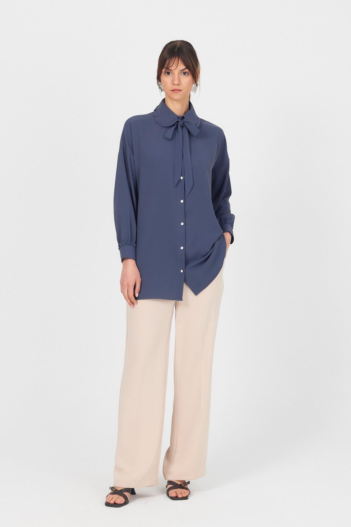 Antrasit Fırfır Yaka Detaylı Bağlamalı Tunik 4856A - 3