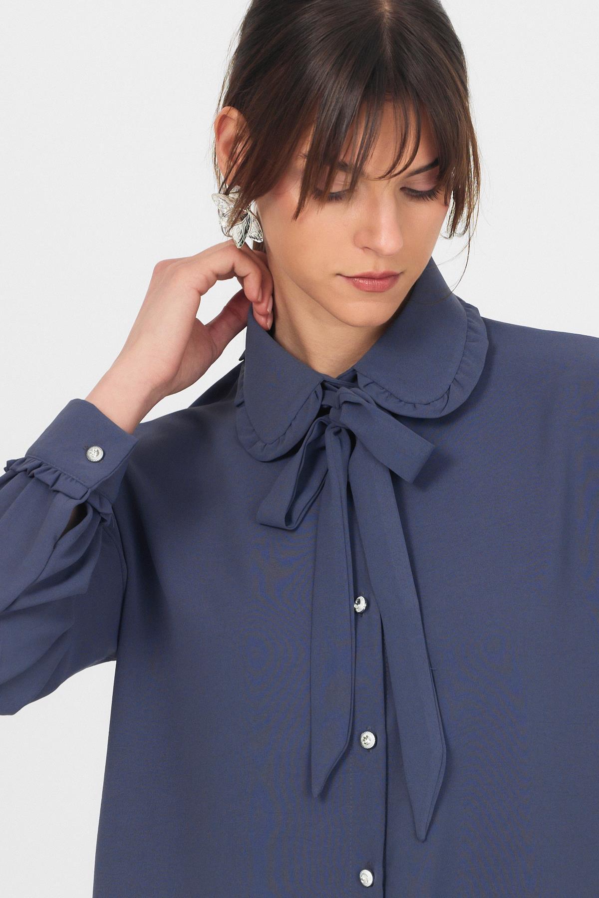 Antrasit Fırfır Yaka Detaylı Bağlamalı Tunik 4856A - 4