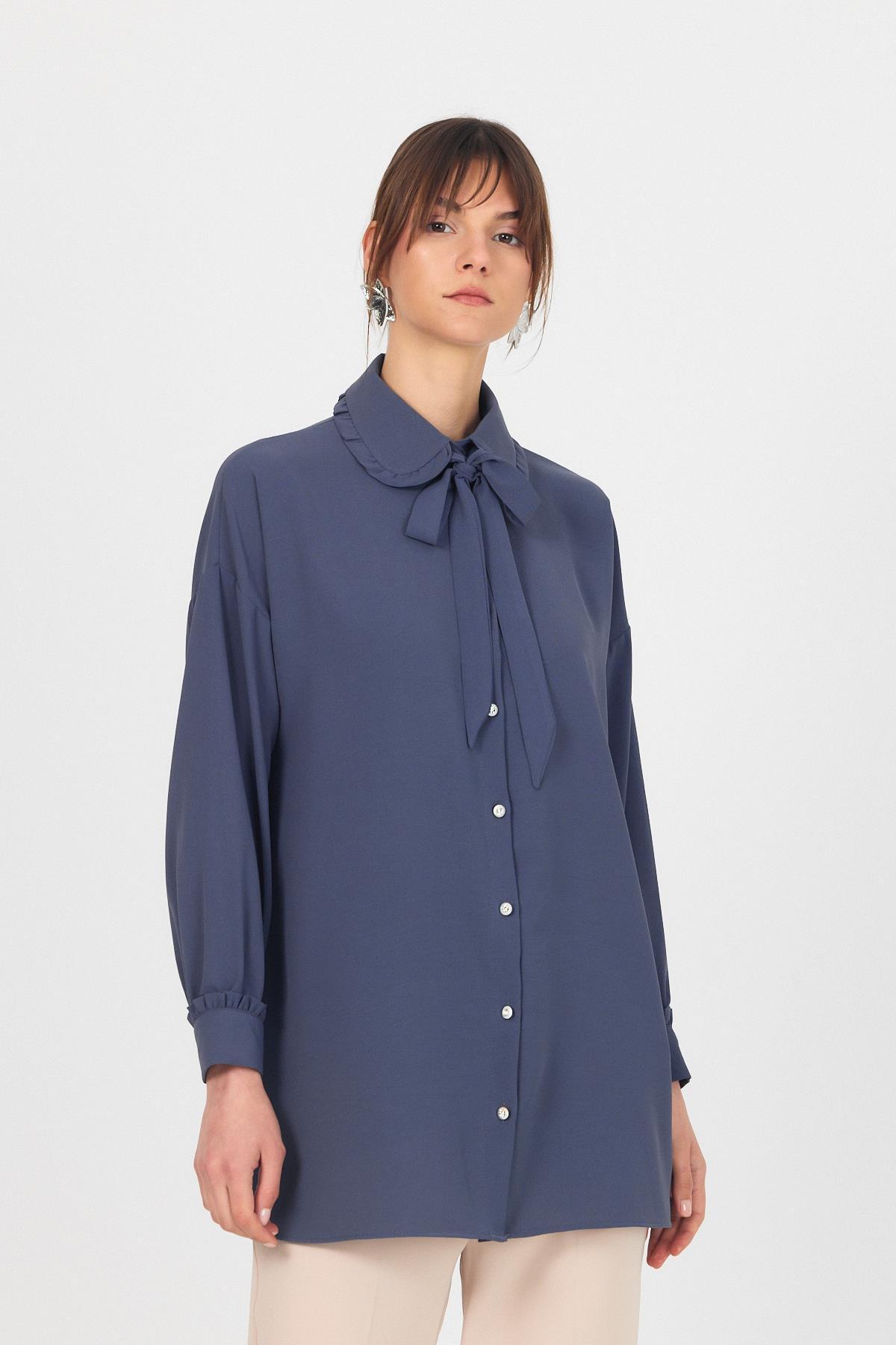 Antrasit Fırfır Yaka Detaylı Bağlamalı Tunik 4856A - 2