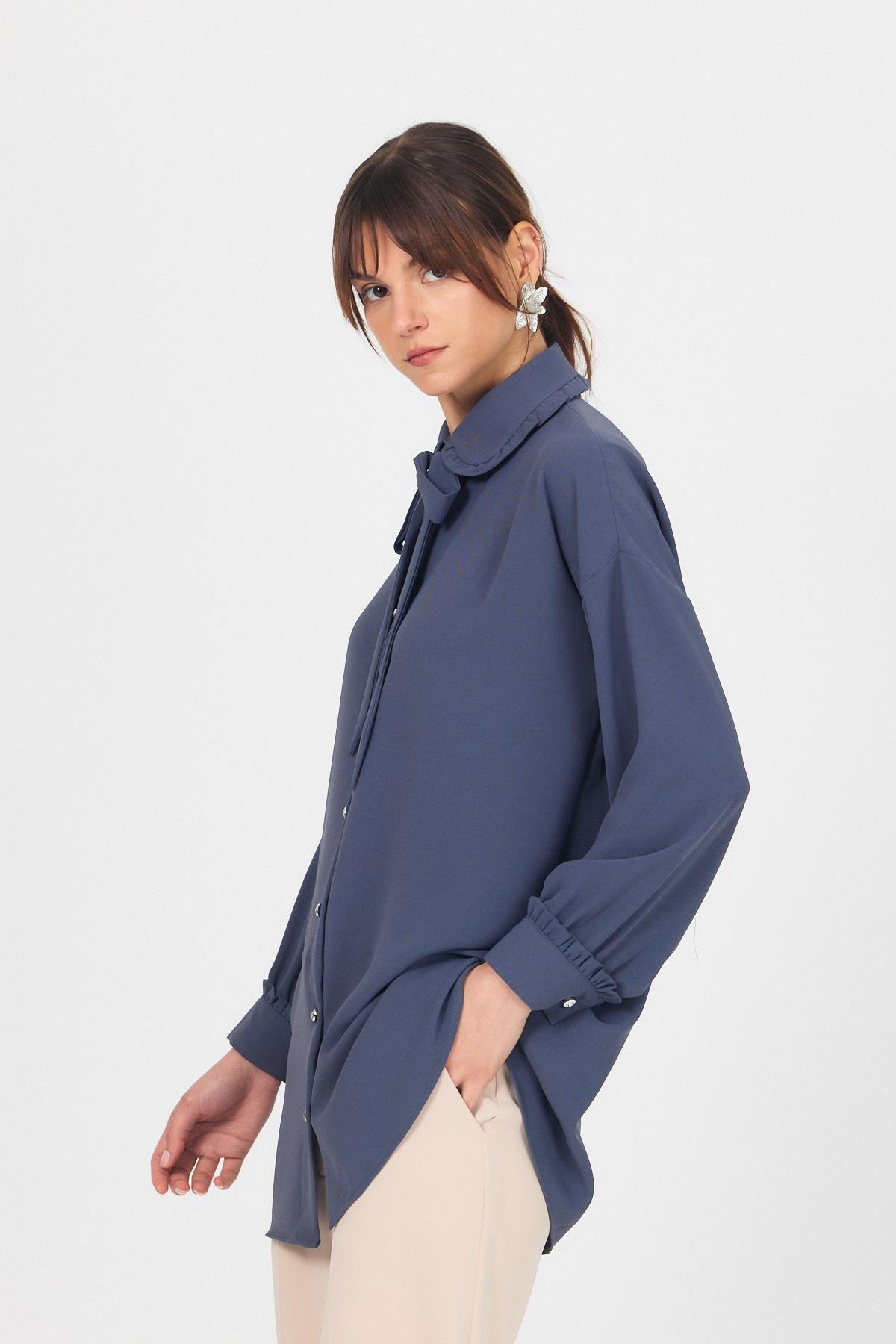 Antrasit Fırfır Yaka Detaylı Bağlamalı Tunik 4856A - 7