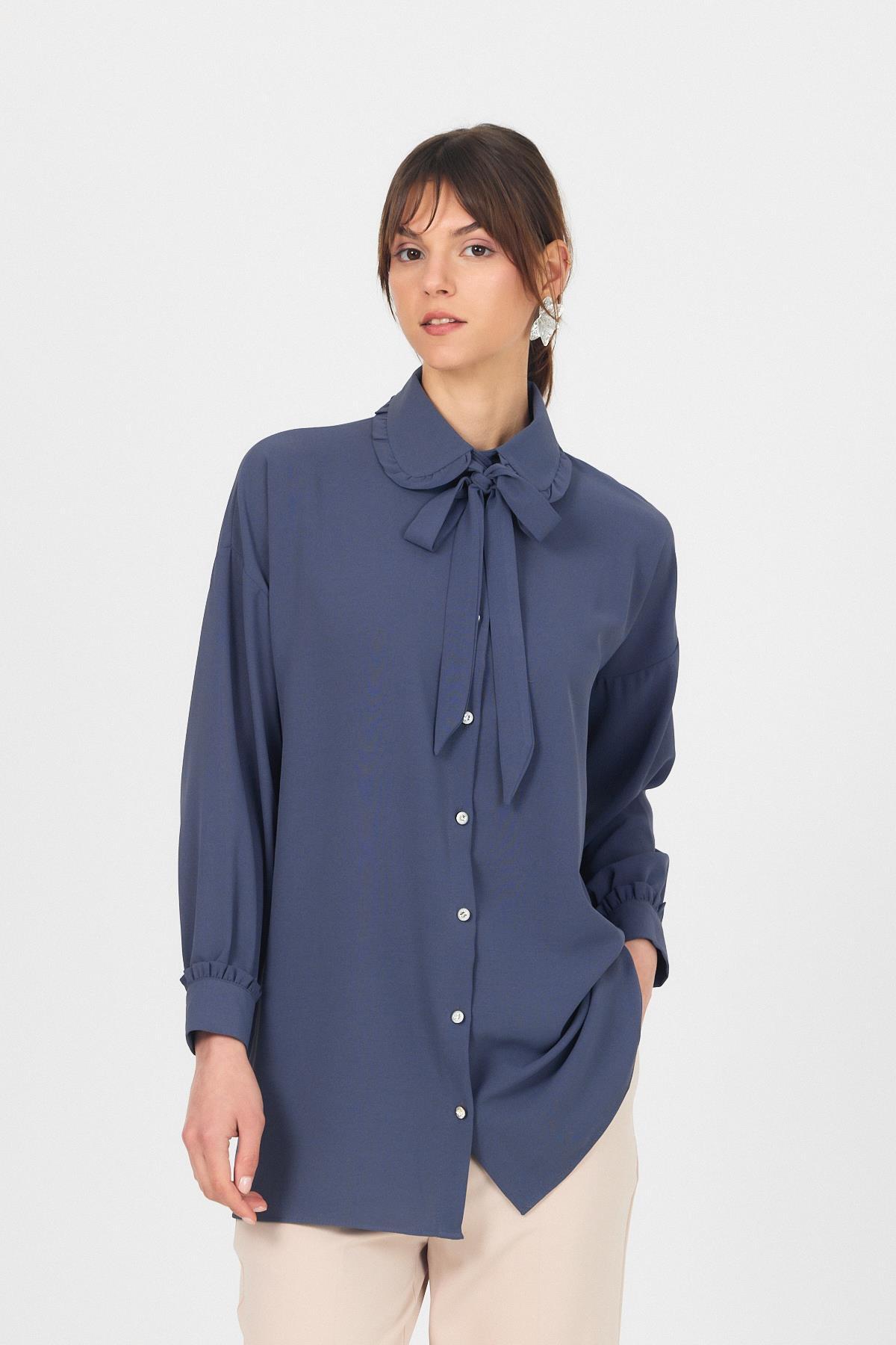 Antrasit Fırfır Yaka Detaylı Bağlamalı Tunik 4856A - 8