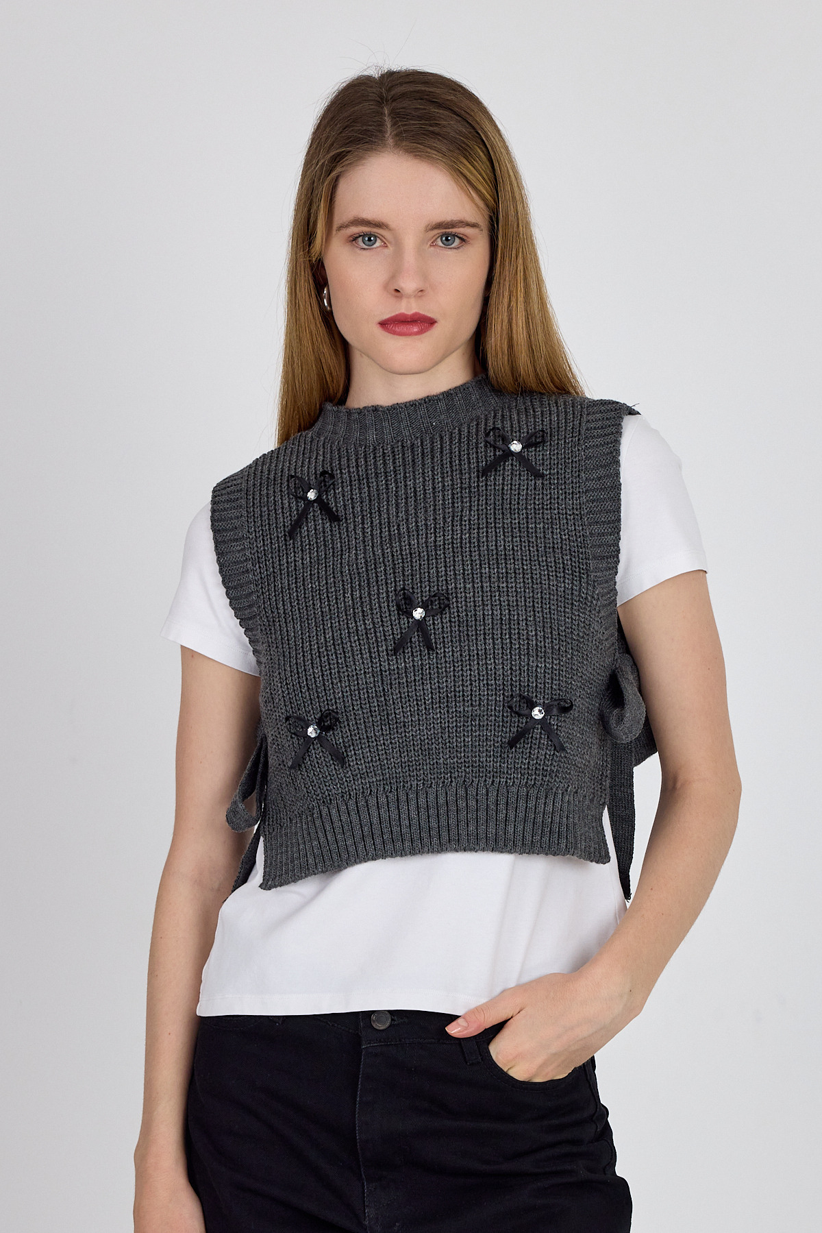 Antrasit Kurdela Detaylı Yandan Bağlamalı Triko Süveter 2101 