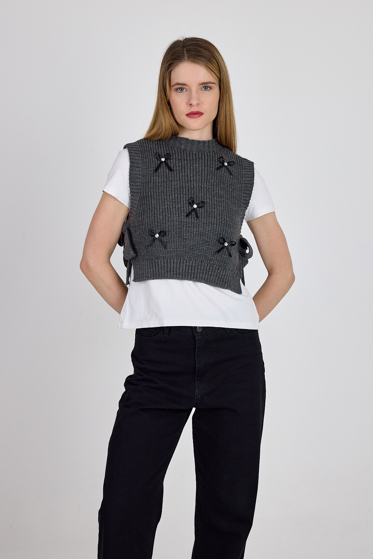 Antrasit Kurdela Detaylı Yandan Bağlamalı Triko Süveter 2101 - 2