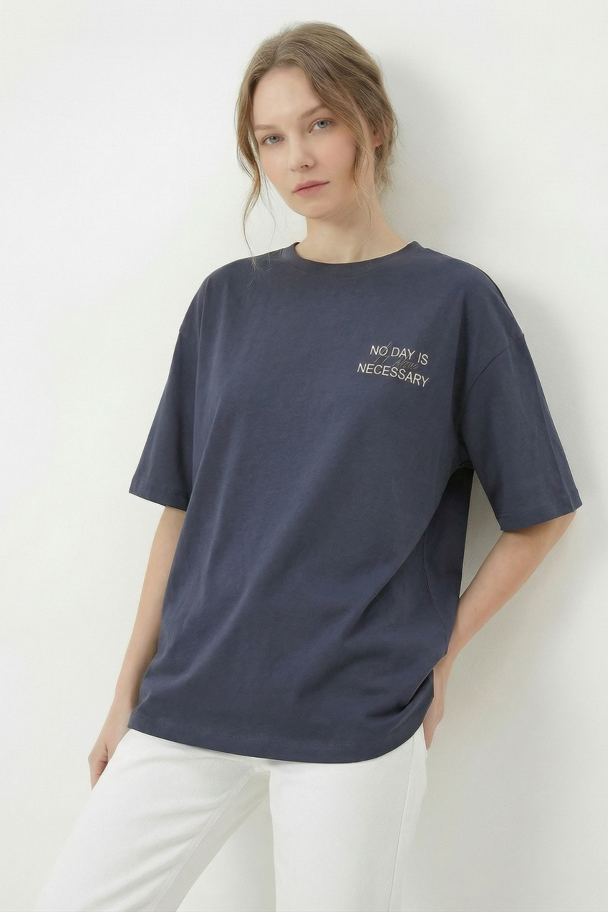 Antrasit Ön Arka Yazı Baskılı Tişört 8150 