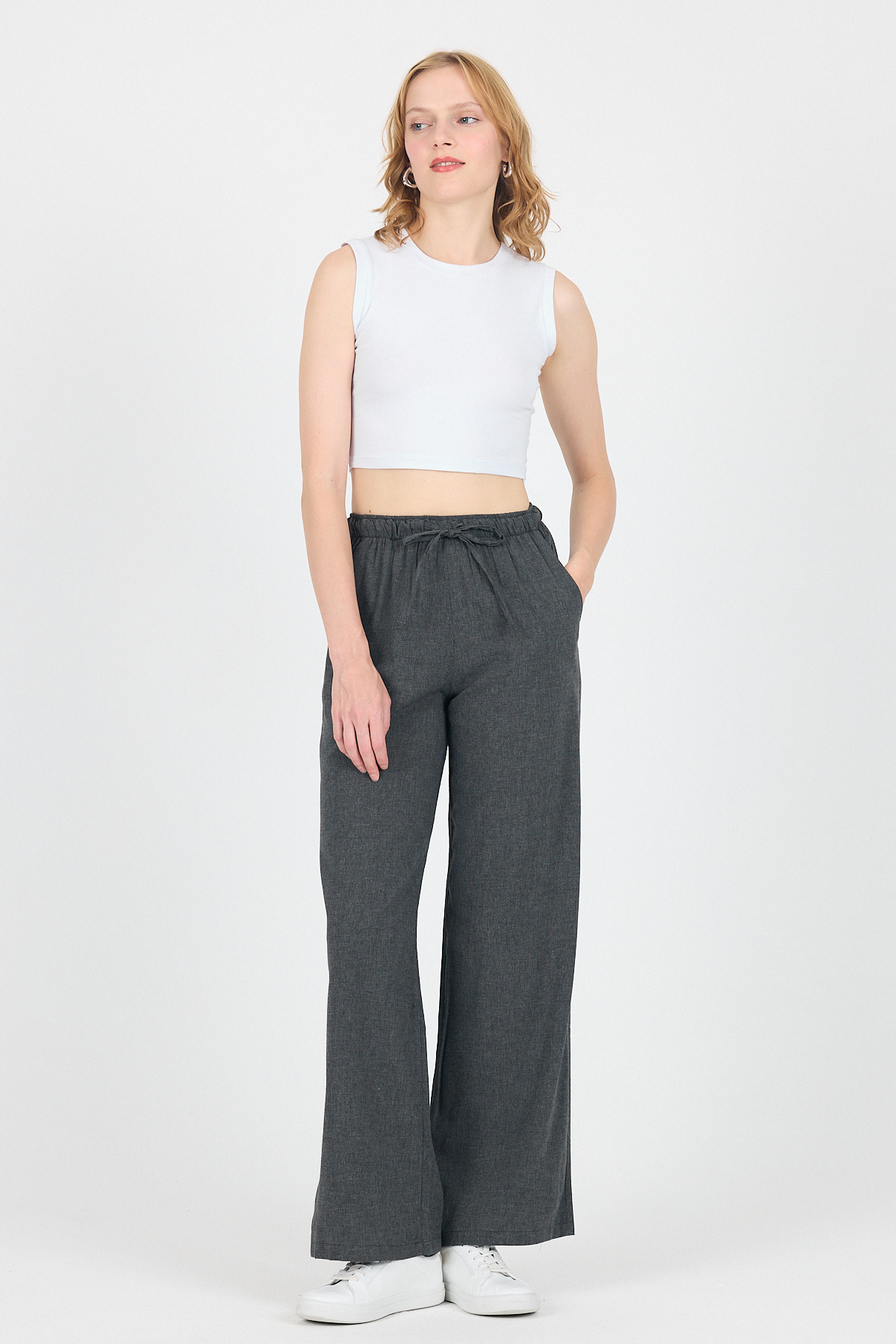 Antrasit Pamuklu Bel Lastikli Wide Leg/Bol Paça Pantolon 4754A - 6