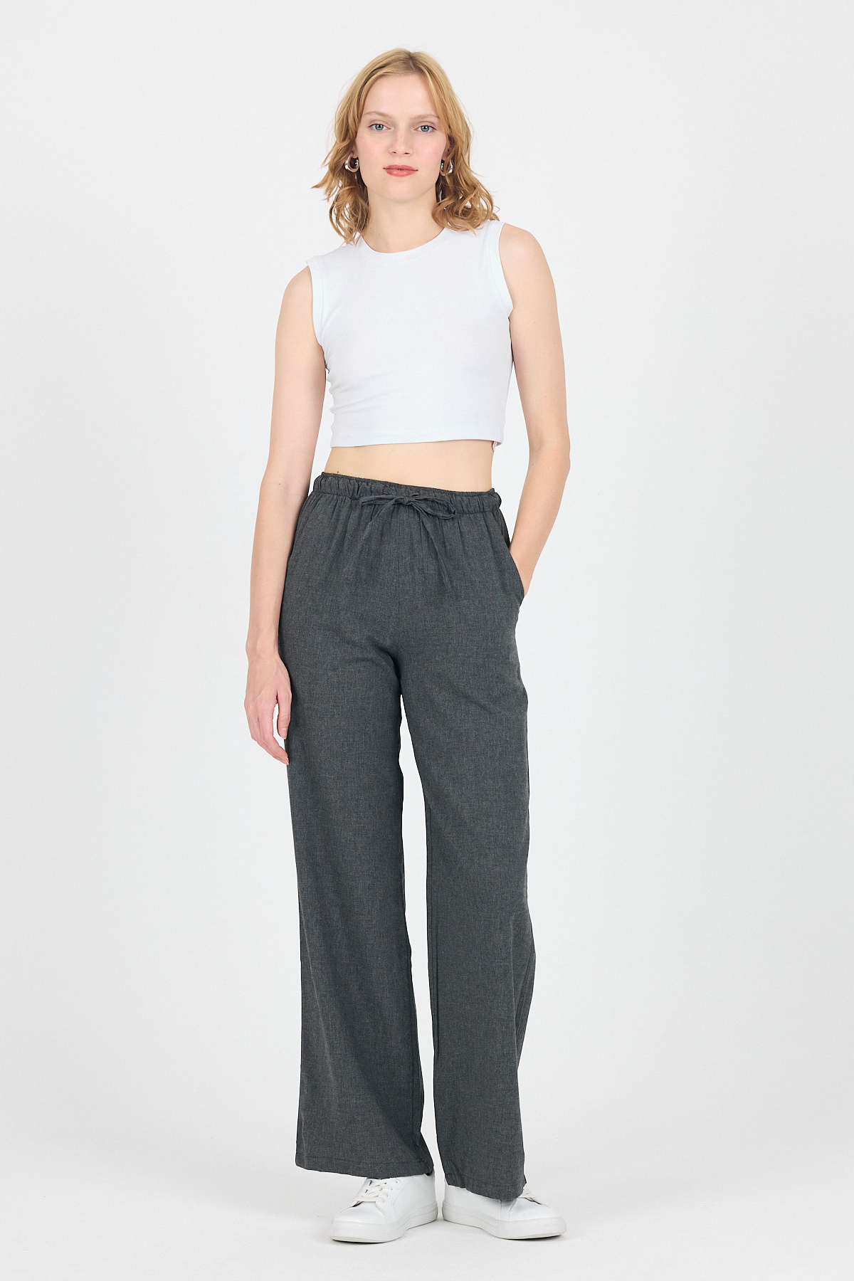 Antrasit Pamuklu Bel Lastikli Wide Leg/Bol Paça Pantolon 4754A - 7