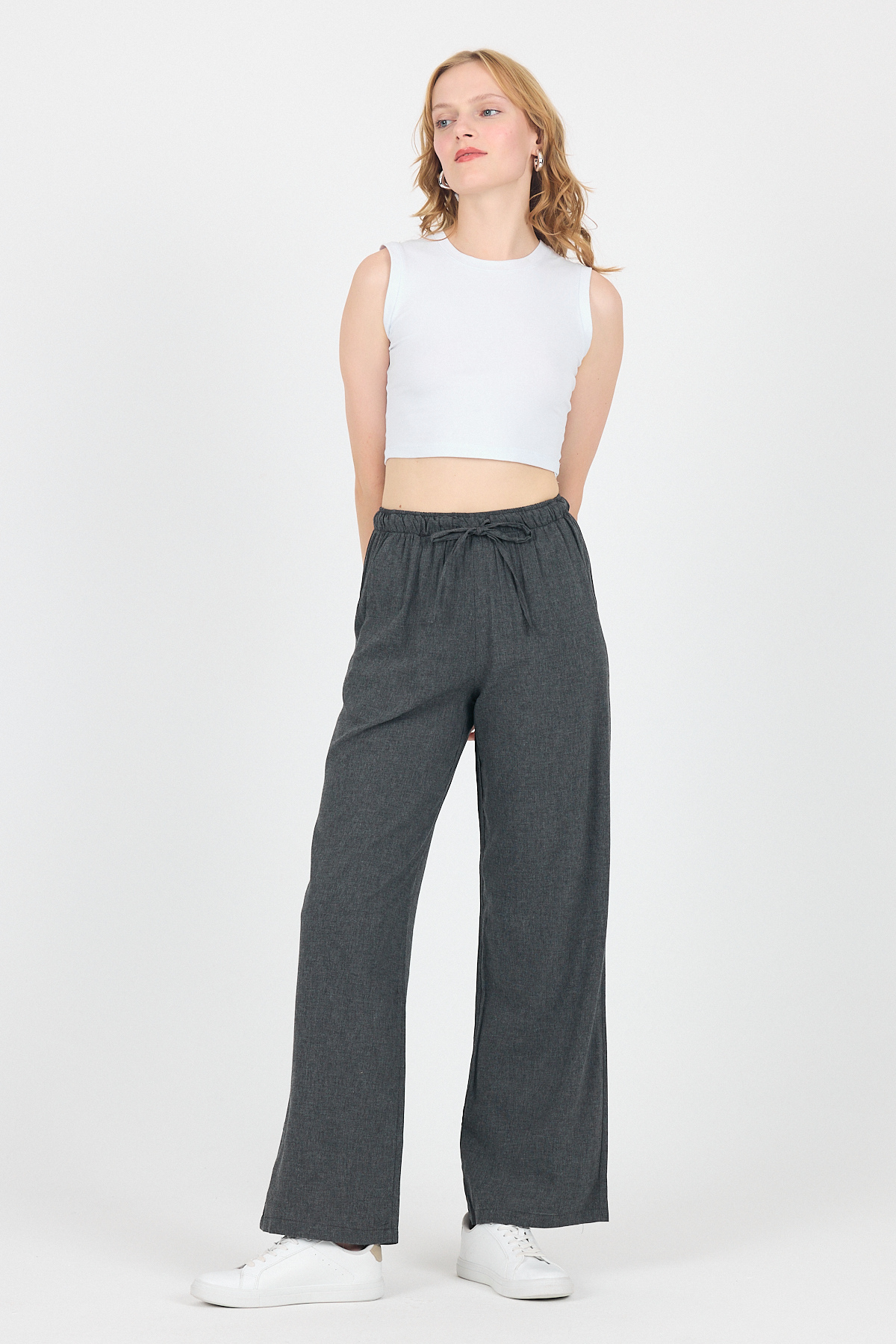 Antrasit Pamuklu Bel Lastikli Wide Leg/Bol Paça Pantolon 4754A - 2