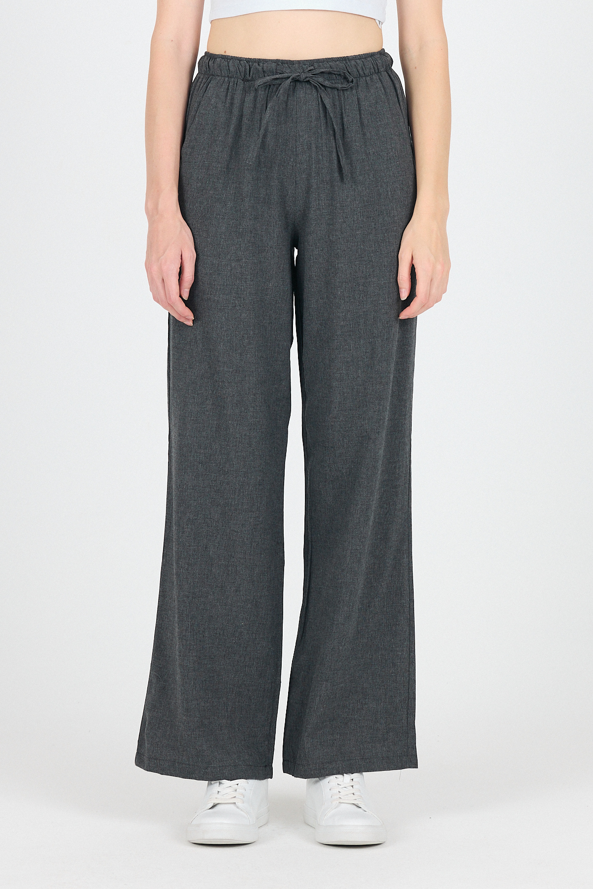 Antrasit Pamuklu Bel Lastikli Wide Leg/Bol Paça Pantolon 4754A - 3