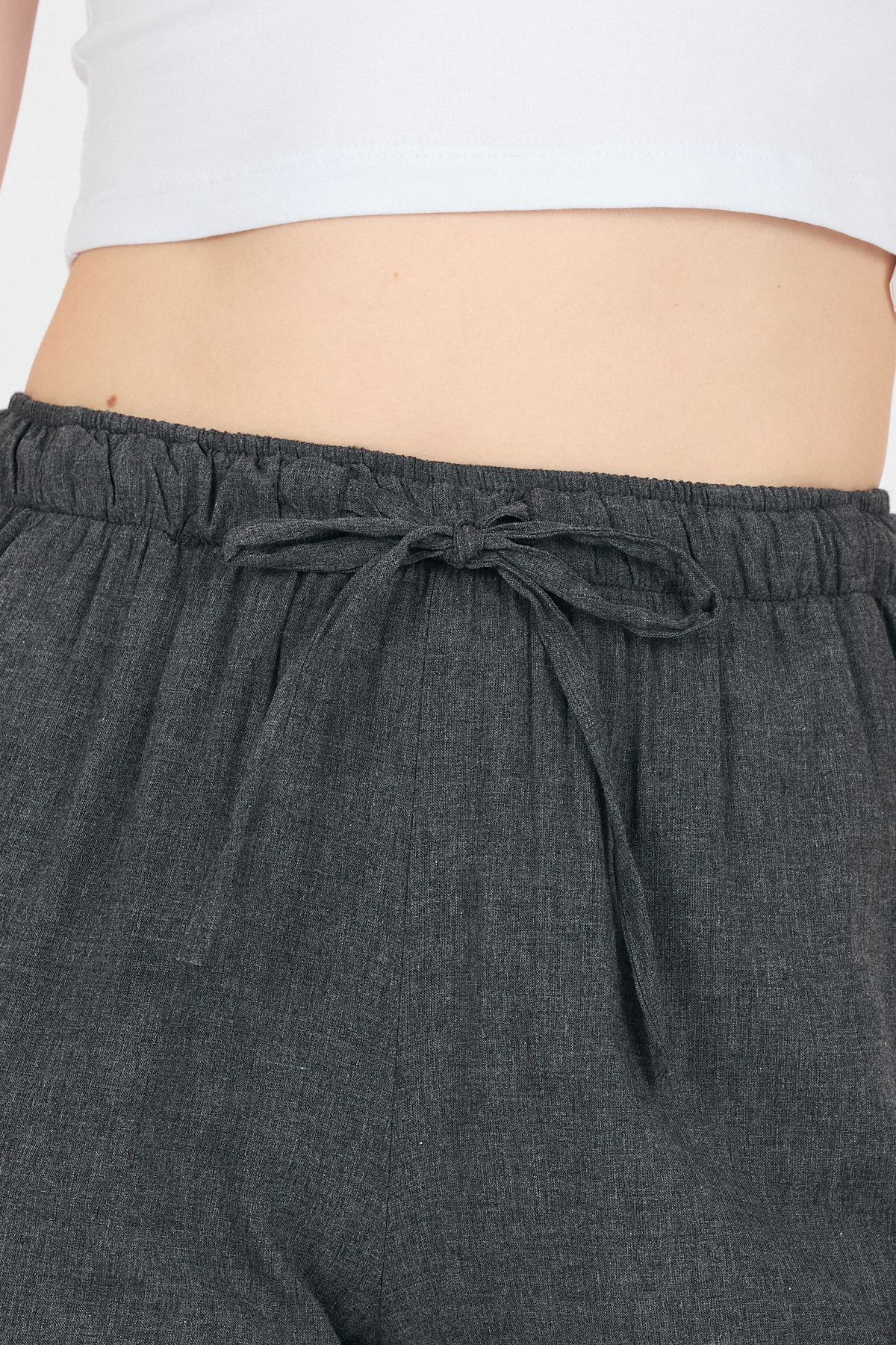 Antrasit Pamuklu Bel Lastikli Wide Leg/Bol Paça Pantolon 4754A - 4