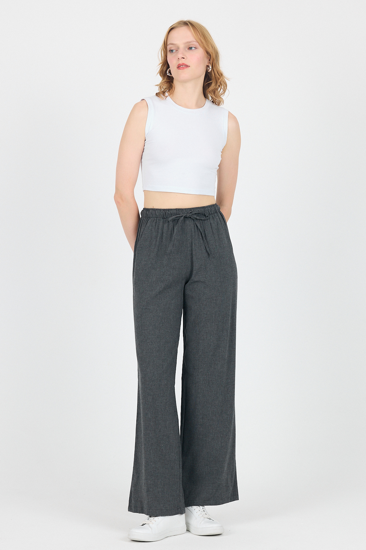 Antrasit Pamuklu Bel Lastikli Wide Leg/Bol Paça Pantolon 4754A - 1