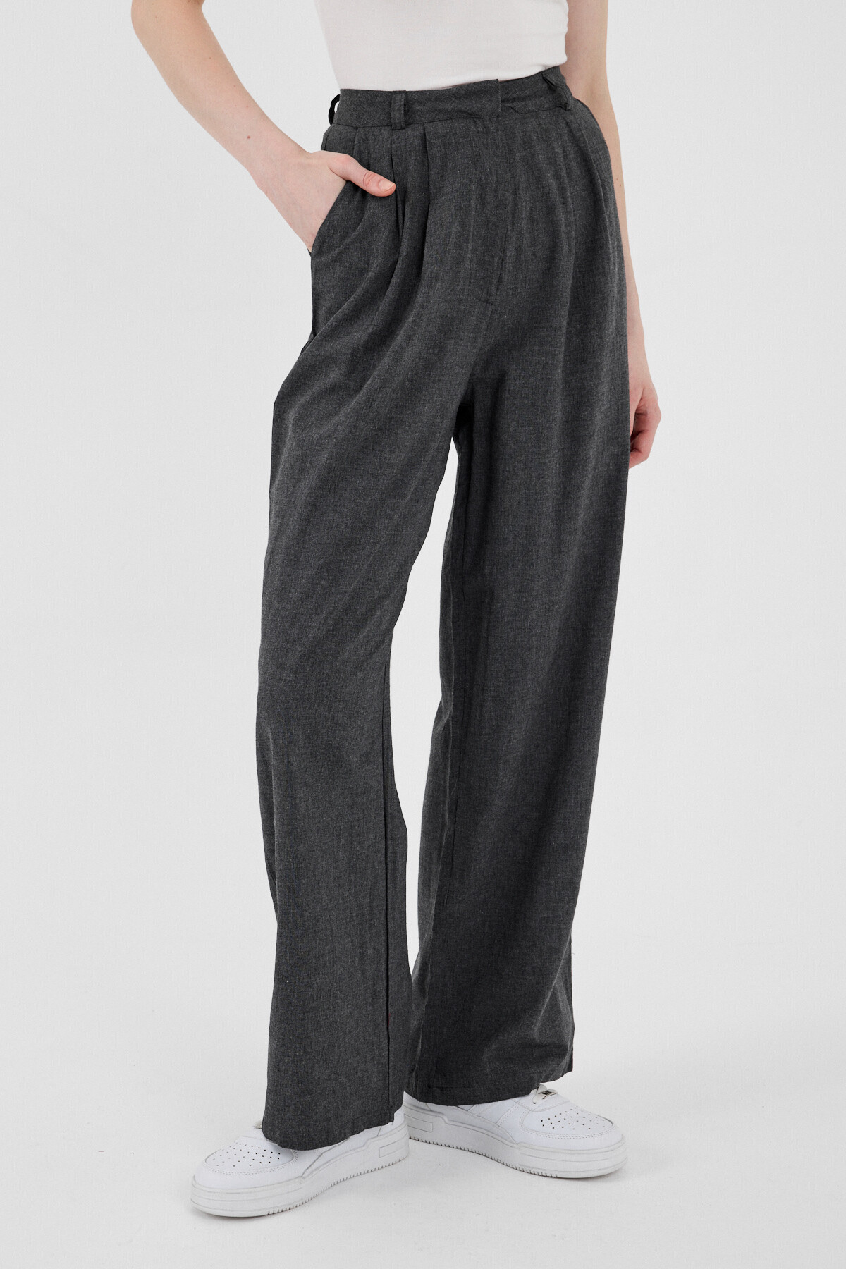 Antrasit Pile Detaylı Bol Paça/Palazzo Pantolon 4757A - 3