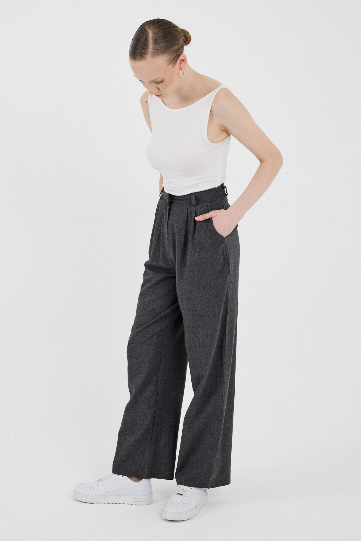 Antrasit Pile Detaylı Bol Paça/Palazzo Pantolon 4757A - 6