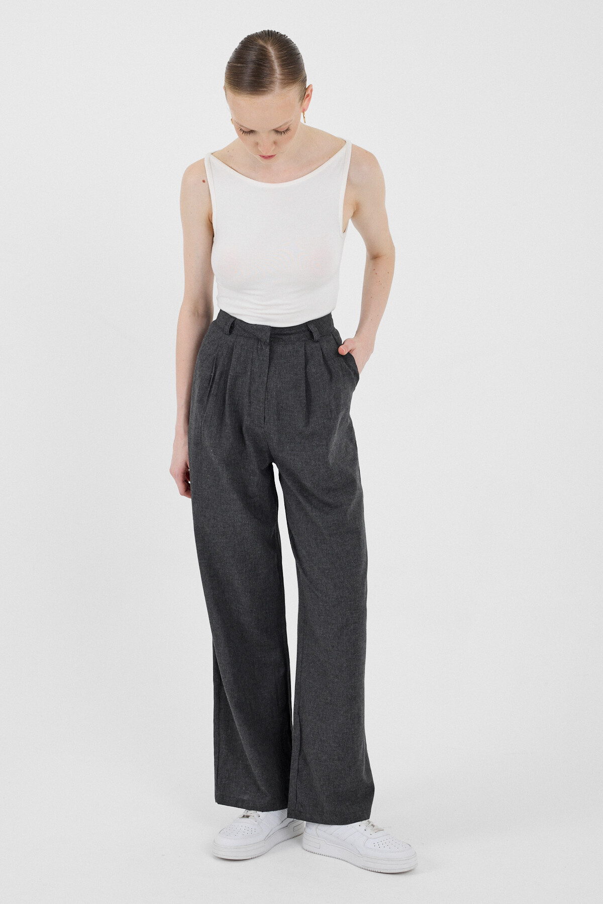 Antrasit Pile Detaylı Bol Paça/Palazzo Pantolon 4757A - 2