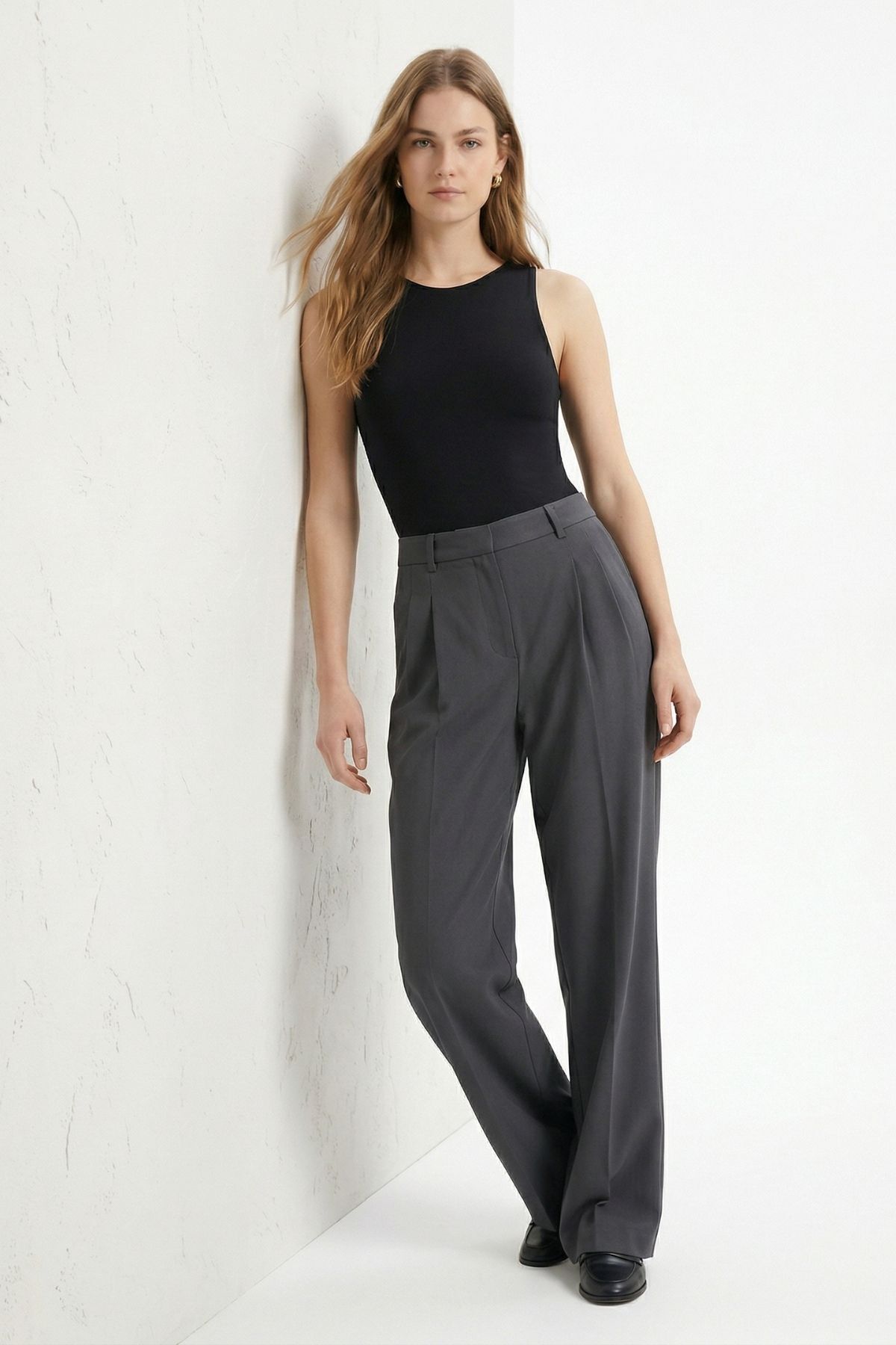 Antrasit Pileli Geniş Paça Pantolon 3867 - 1