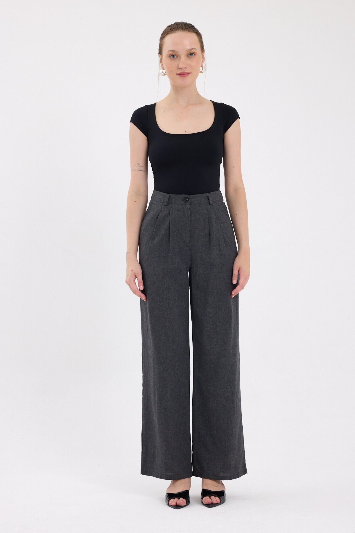 Antrasit Pileli Palazzo Bol Paça Kadın Pantolon 4755A - RAYS