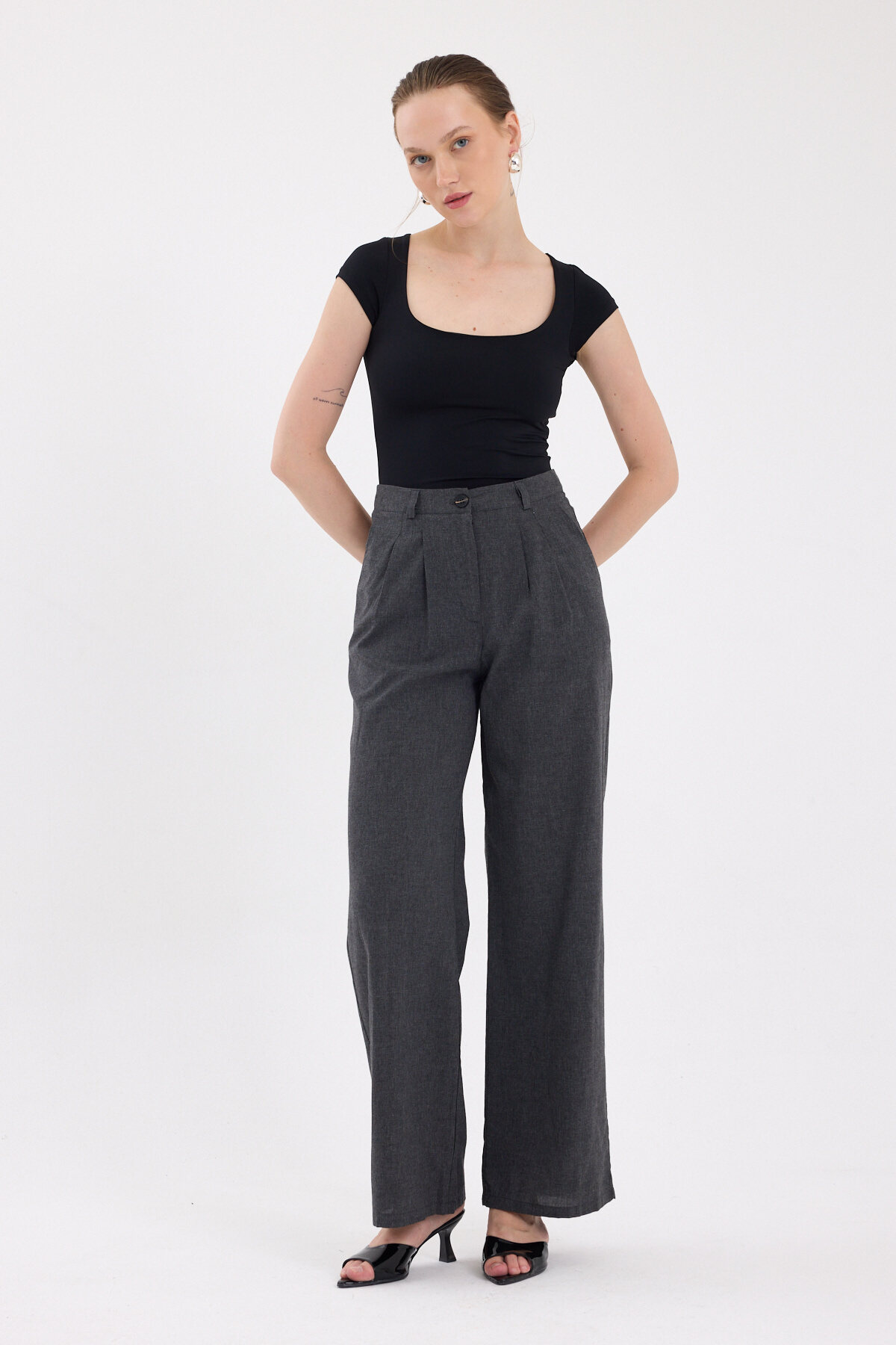 Antrasit Pileli Palazzo Bol Paça Kadın Pantolon 4755A - 2