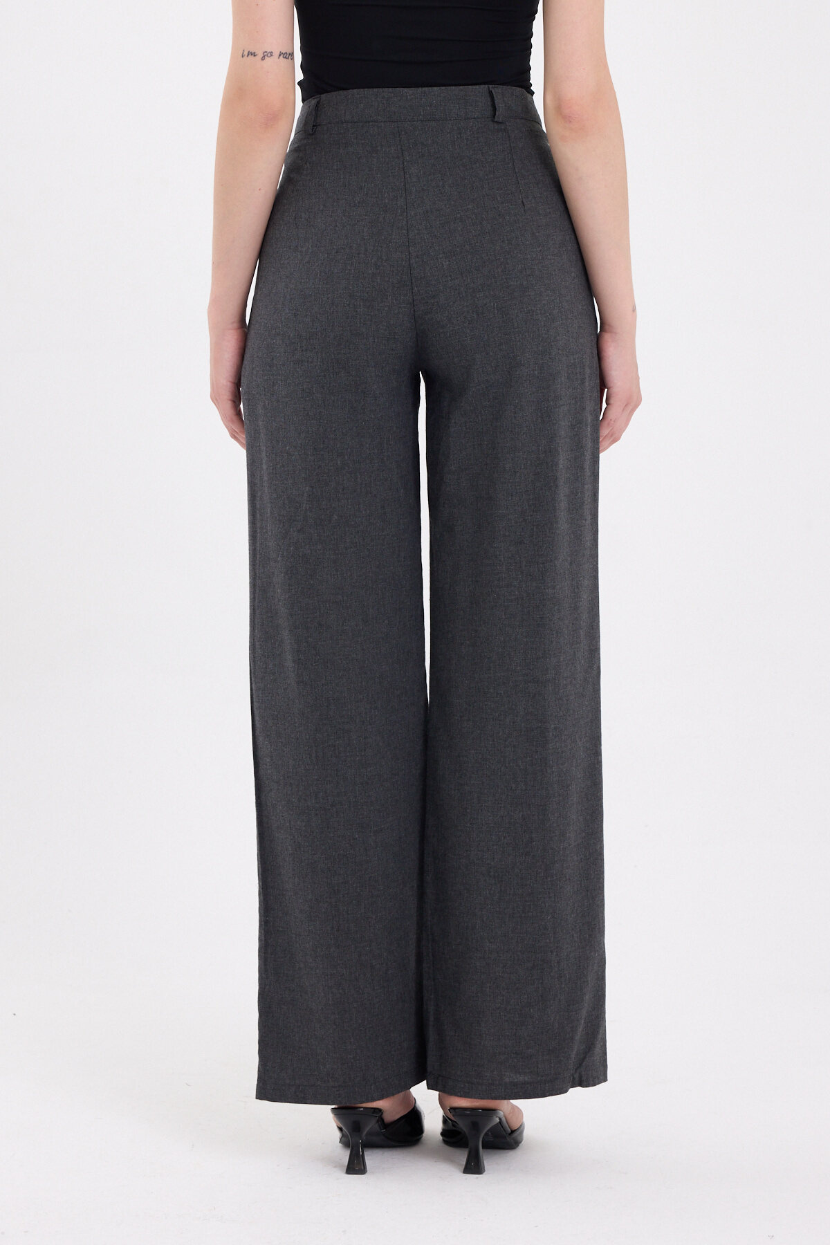 Antrasit Pileli Palazzo Bol Paça Kadın Pantolon 4755A - 5