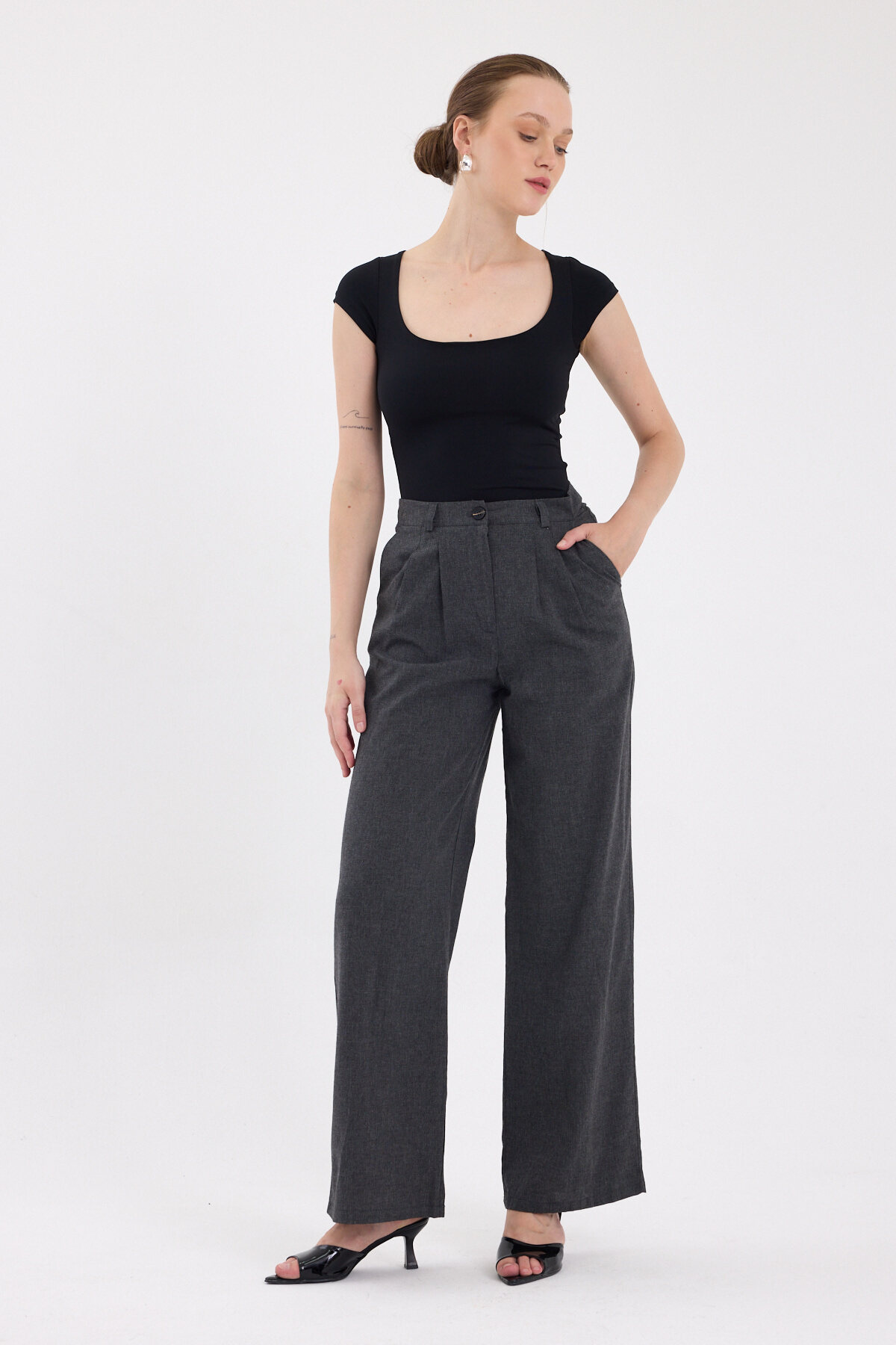 Antrasit Pileli Palazzo Bol Paça Kadın Pantolon 4755A - 6