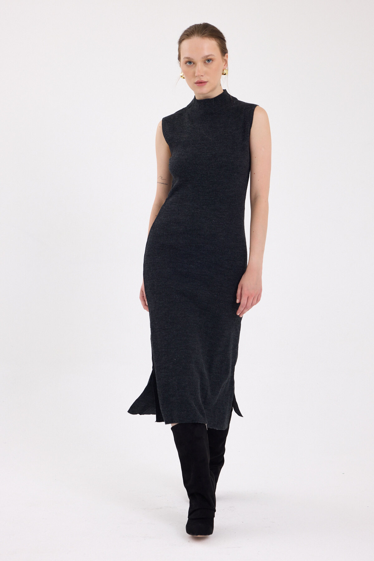 Antrasit Sıfır Kol Triko Midi Elbise 2232 - 1