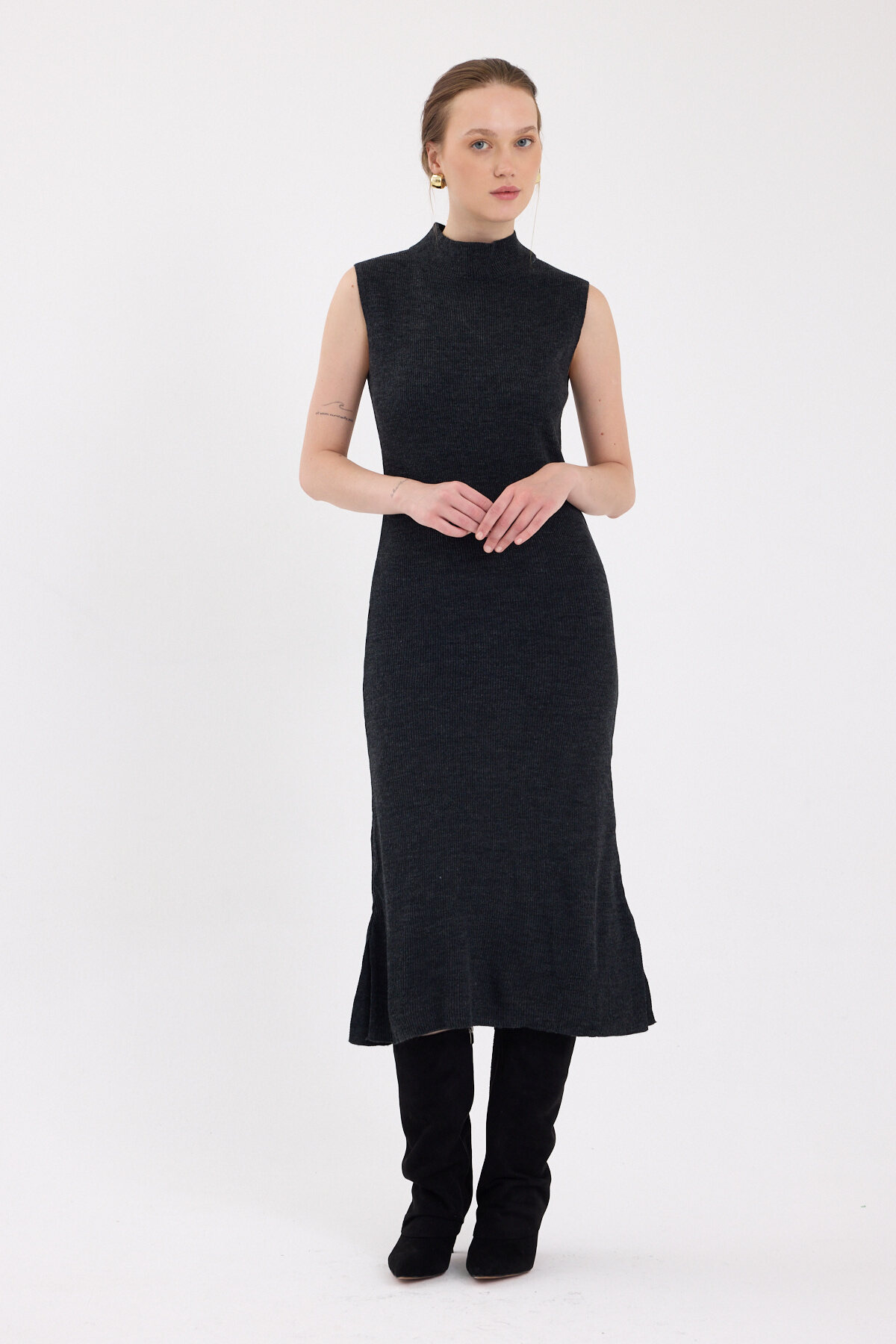 Antrasit Sıfır Kol Triko Midi Elbise 2232 - 2