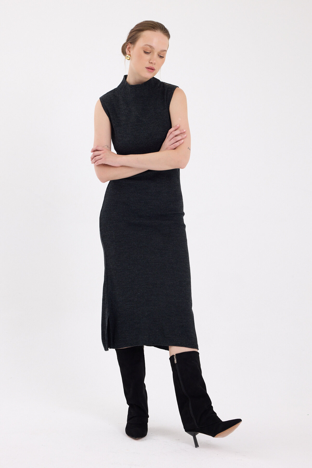 Antrasit Sıfır Kol Triko Midi Elbise 2232 - 3