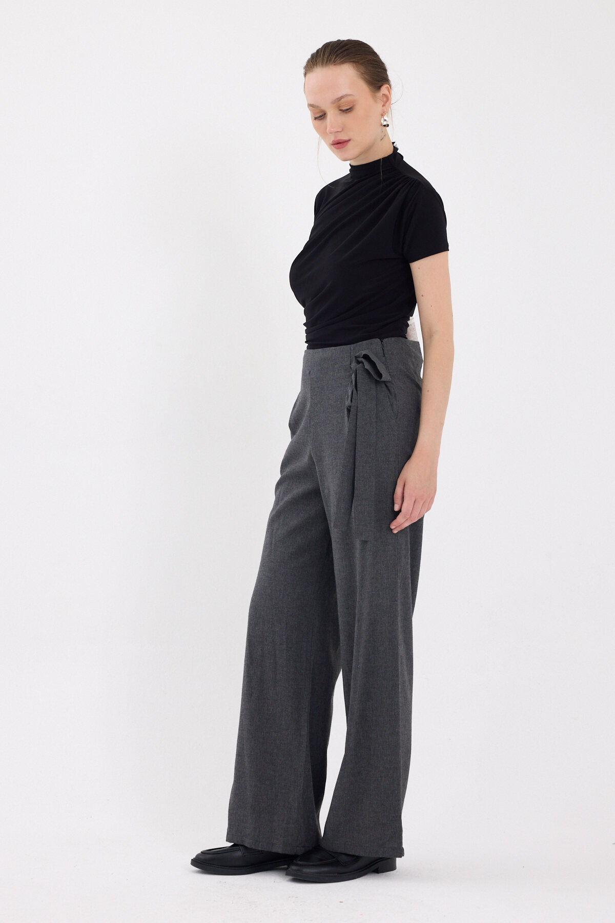 Antrasit Yan Bağlama Detaylı Palazzo Kadın Pantolon 4779A - RAYS