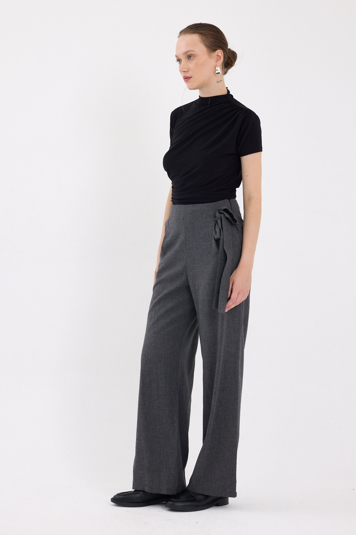 Antrasit Yan Bağlama Detaylı Palazzo Kadın Pantolon 4779A - 1