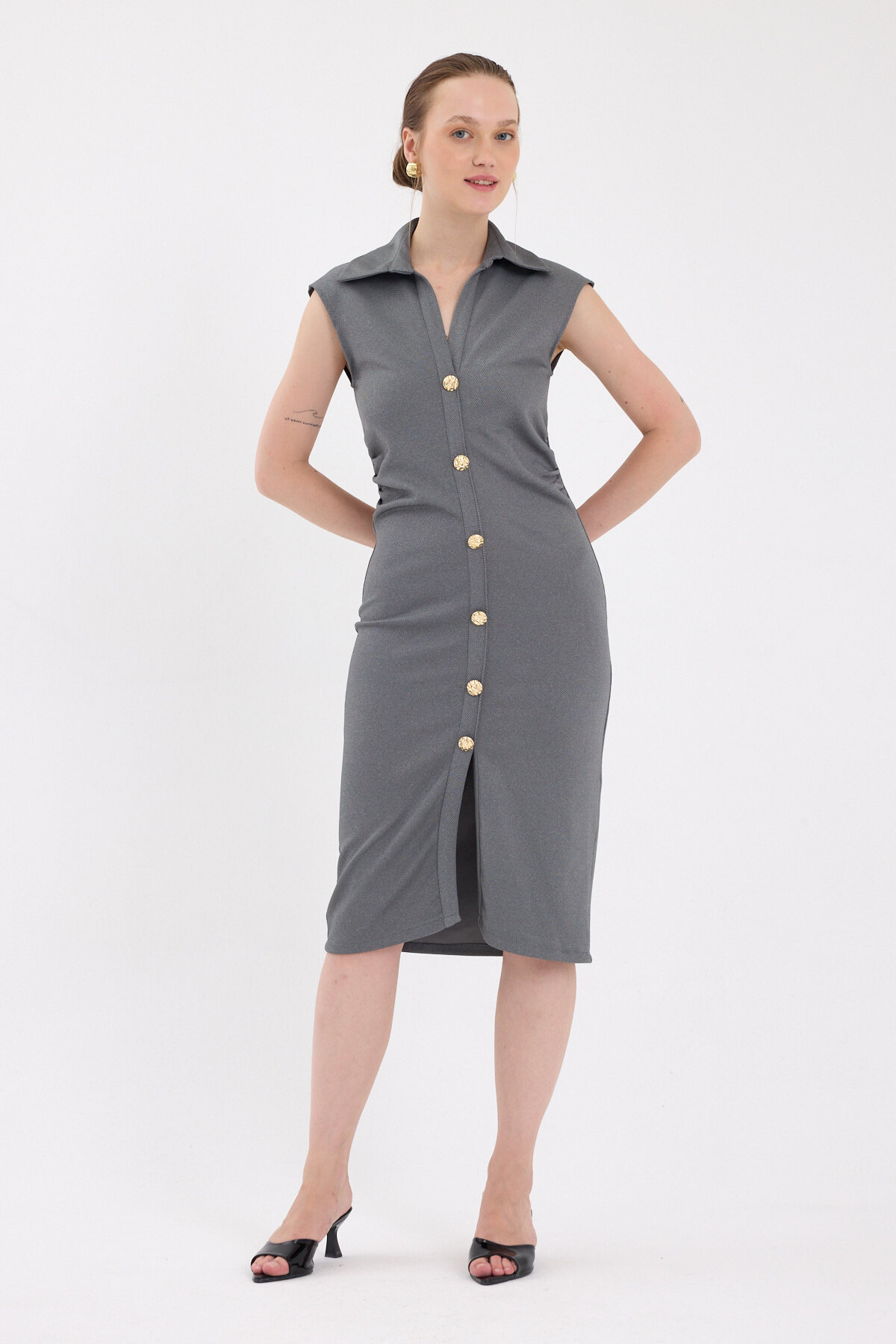 Antrasit Yanları Büzgülü Kolsuz Gömlek Midi Elbise 8117A - 1