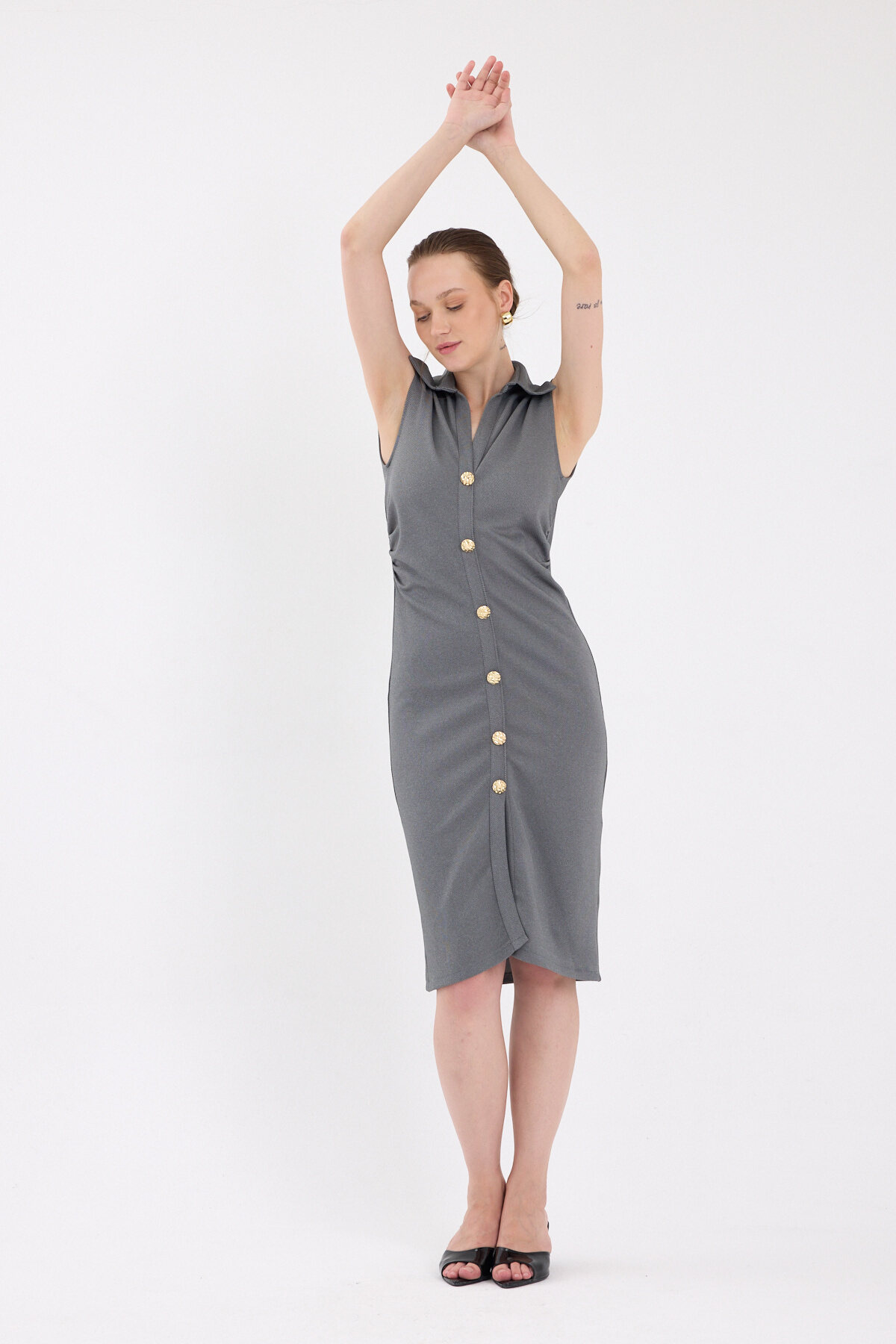 Antrasit Yanları Büzgülü Kolsuz Gömlek Midi Elbise 8117A - 7