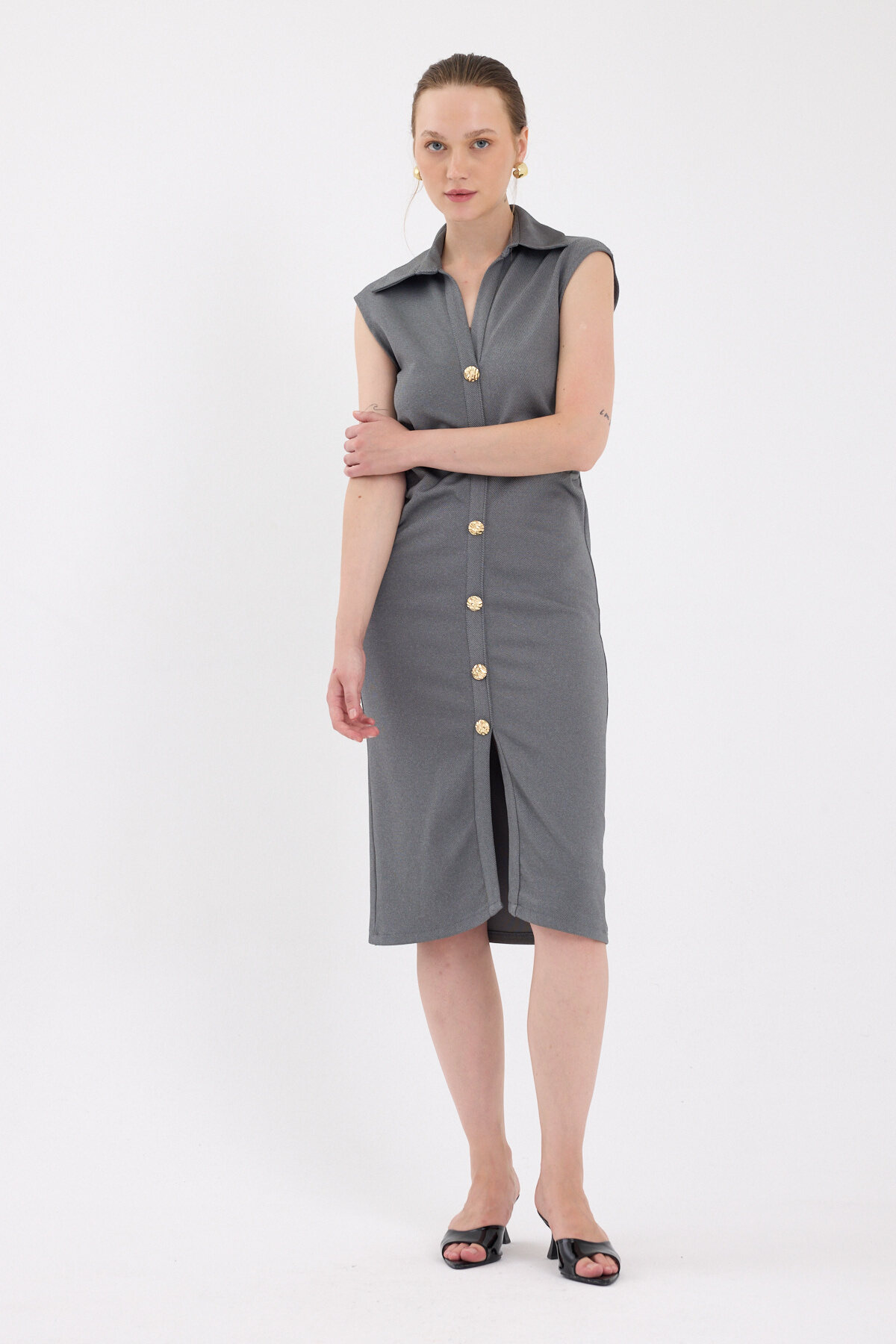 Antrasit Yanları Büzgülü Kolsuz Gömlek Midi Elbise 8117A - 6