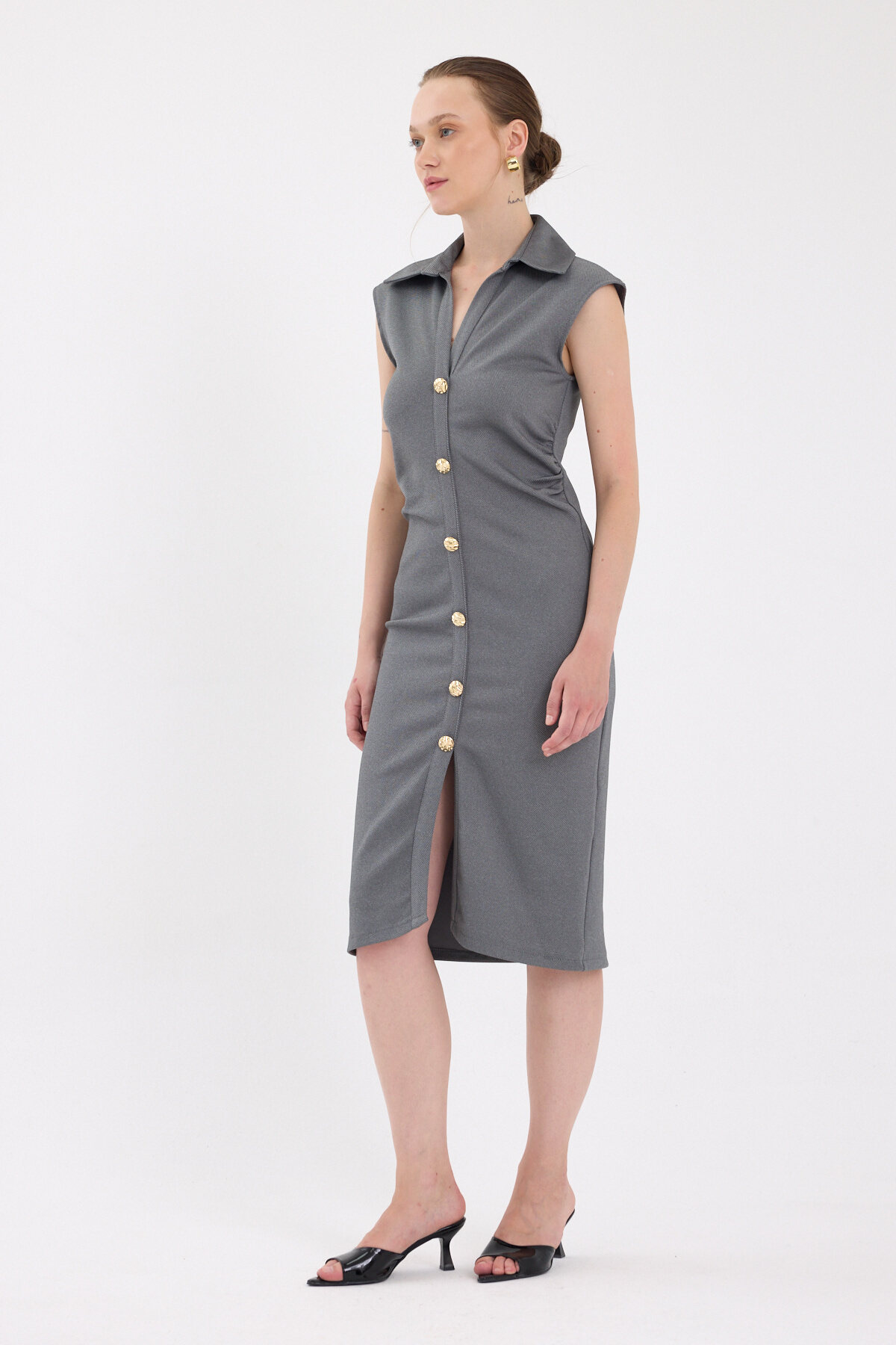 Antrasit Yanları Büzgülü Kolsuz Gömlek Midi Elbise 8117A - RAYS