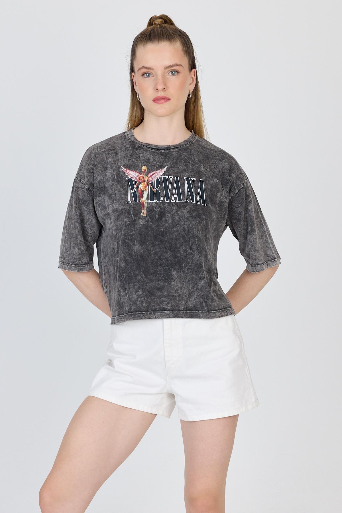 Antrasit Yıkamalı Yazı Baskılı Tişört 253020 - RAYS