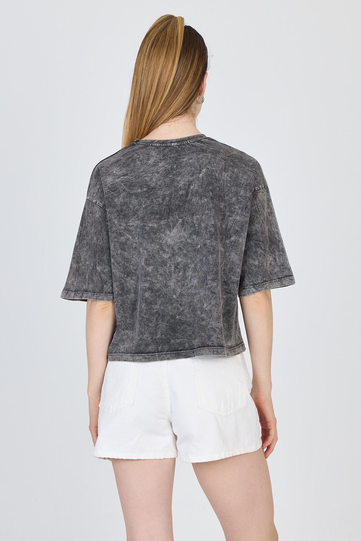 Antrasit Yıkamalı Yazı Baskılı Tişört 253020 - 5