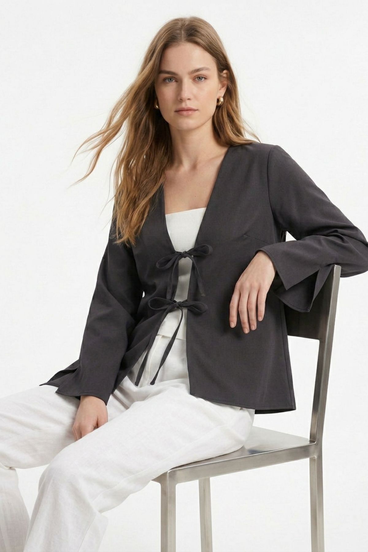 Antrasit Yırtmaçlı İspanyol Kol Ön Bağlama Kimono 5425 