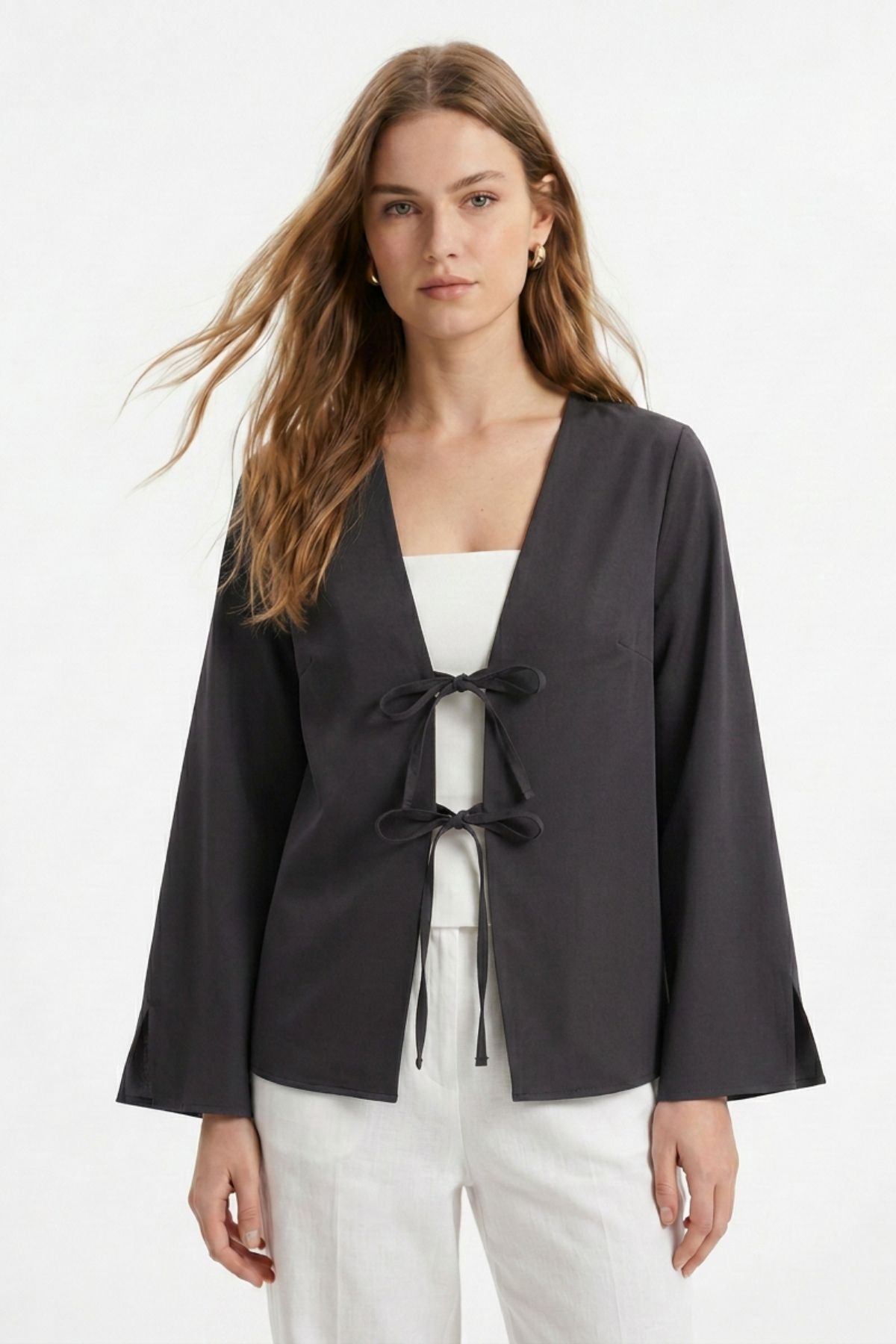 Antrasit Yırtmaçlı İspanyol Kol Ön Bağlama Kimono 5425 - 2