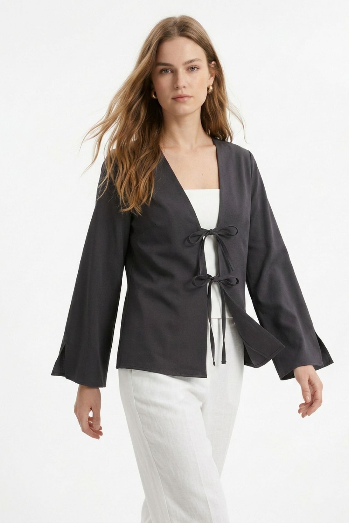 Antrasit Yırtmaçlı İspanyol Kol Ön Bağlama Kimono 5425 - 3