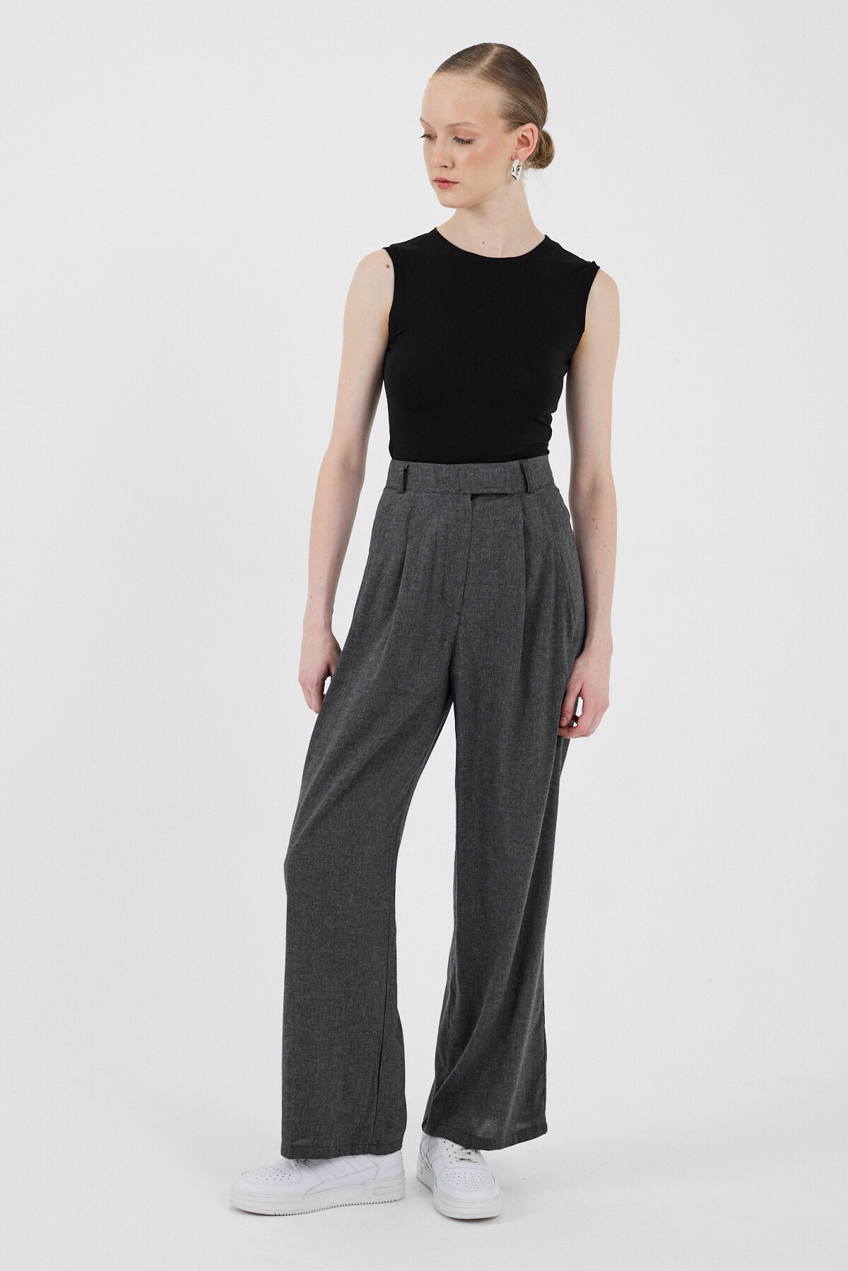 Antrasit Yüksek Bel Cırt Kapama Detaylı Pamuklu Palazzo Pantolon 8062A 
