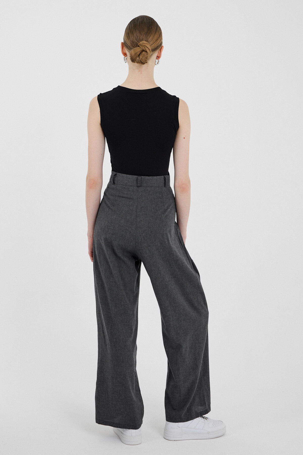 Antrasit Yüksek Bel Cırt Kapama Detaylı Pamuklu Palazzo Pantolon 8062A - 5