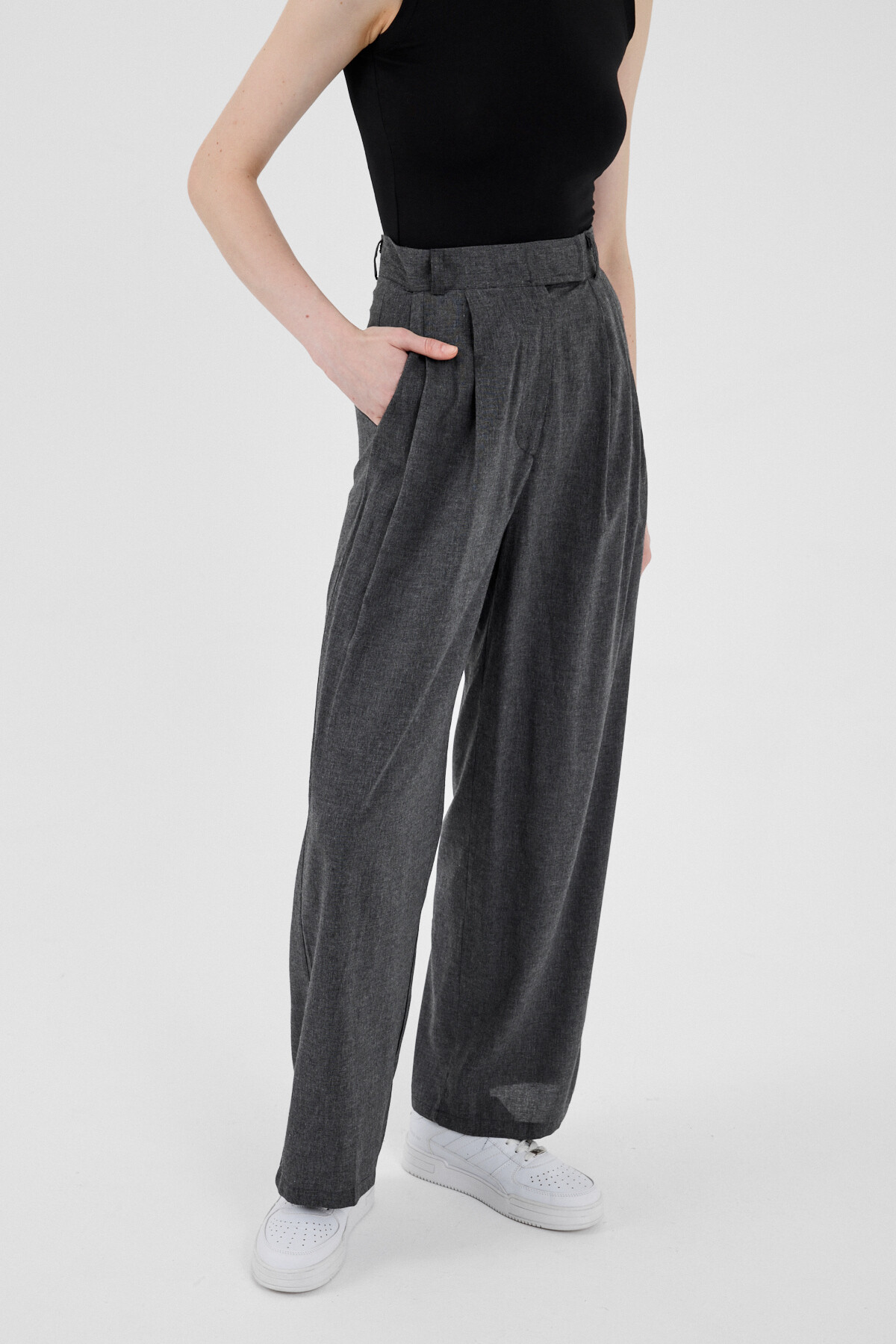 Antrasit Yüksek Bel Cırt Kapama Detaylı Pamuklu Palazzo Pantolon 8062A - 3