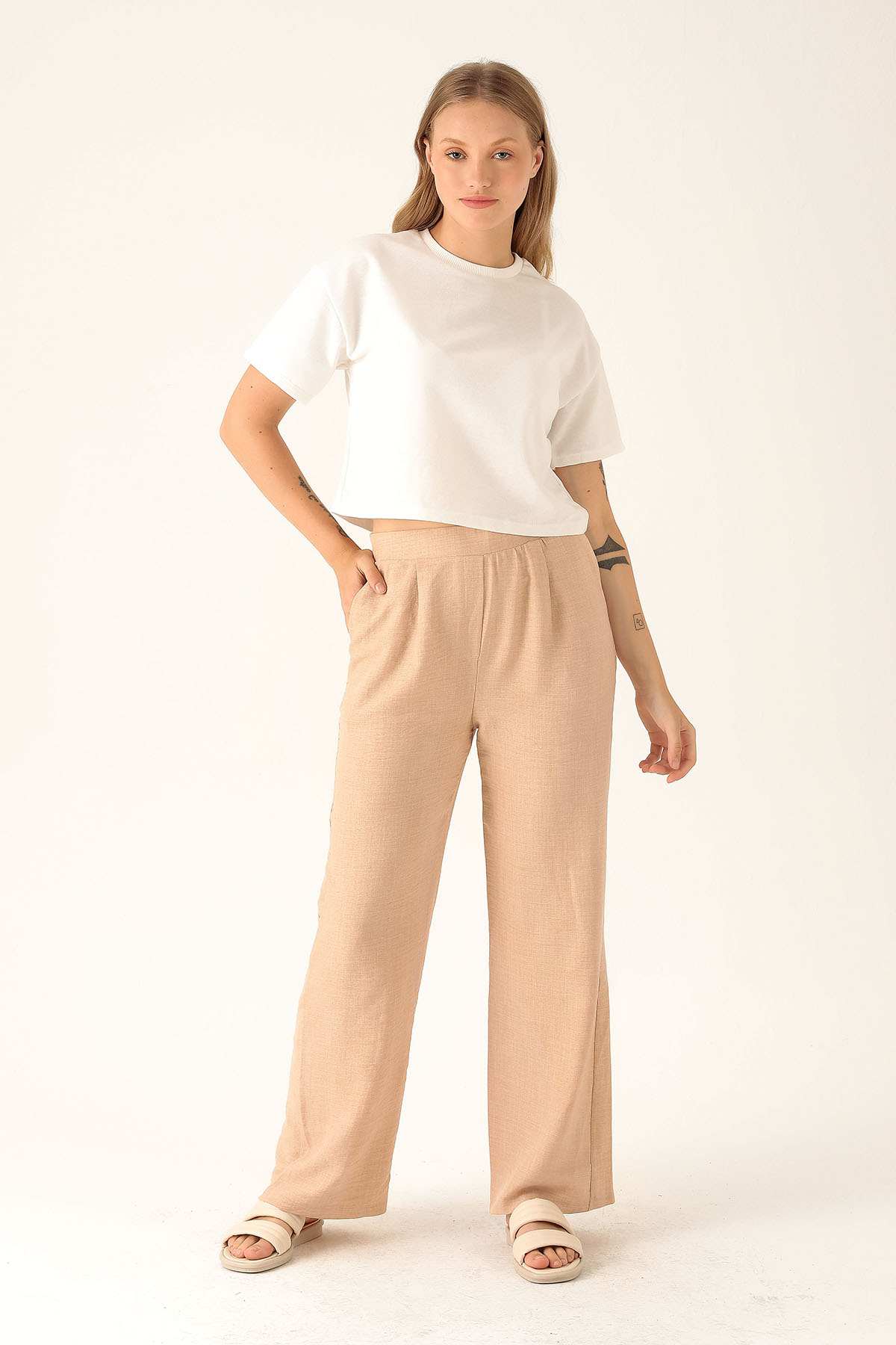 Arkası Lastikli Palazzo Bayan Pantolon - 140 Bej 