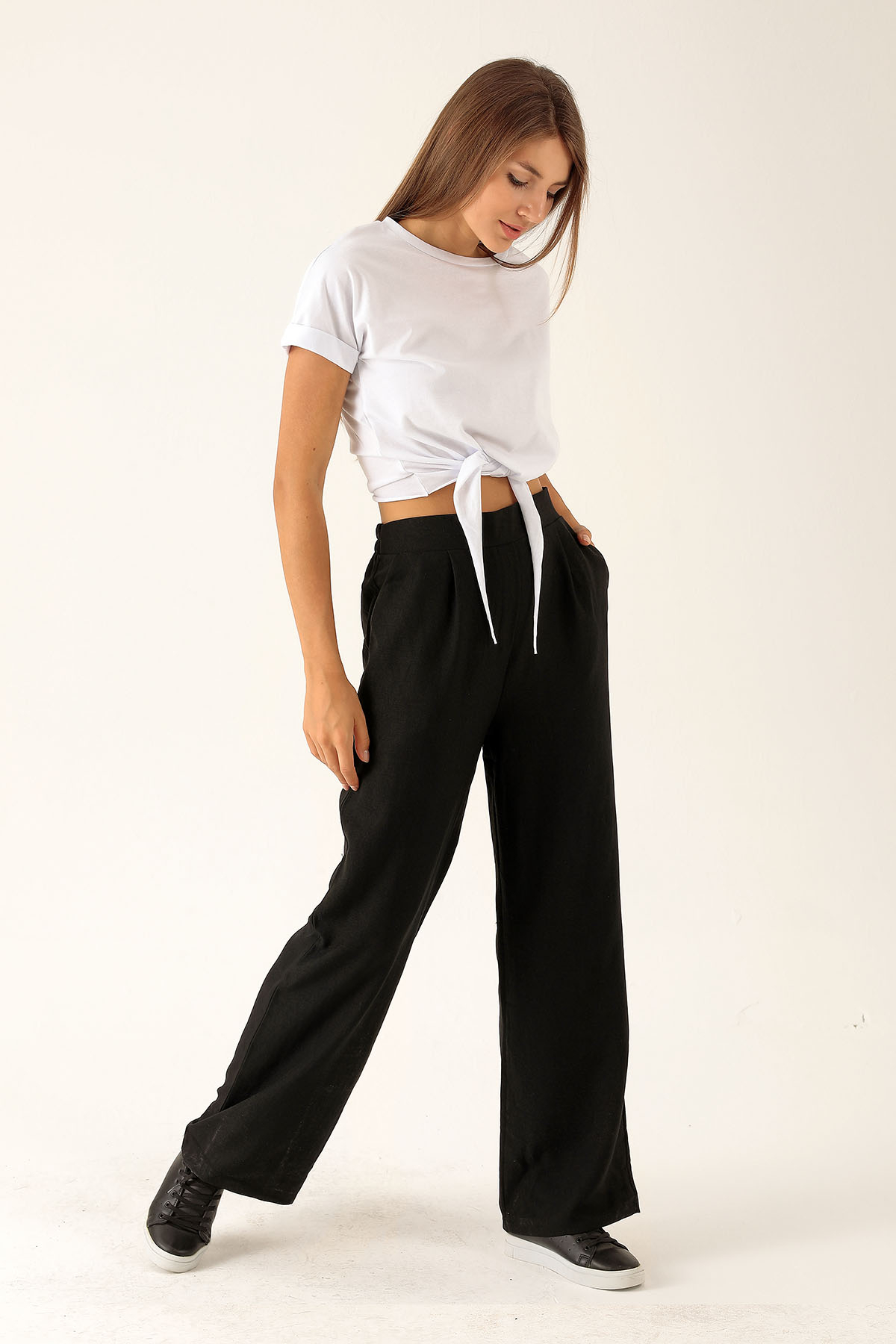 Arkası Lastikli Palazzo Bayan Pantolon - 140 Siyah - 2