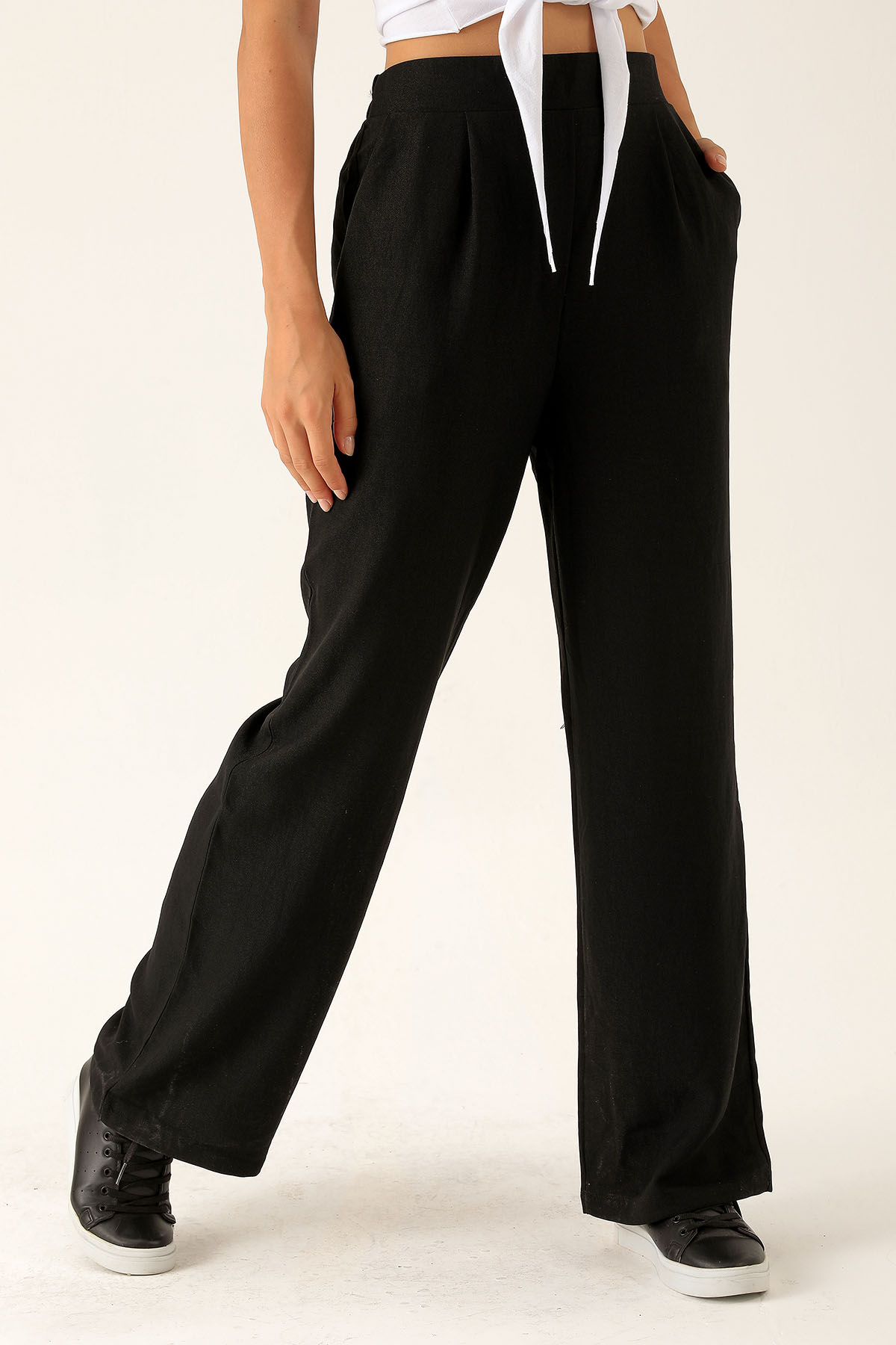 Arkası Lastikli Palazzo Bayan Pantolon - 140 Siyah - 4