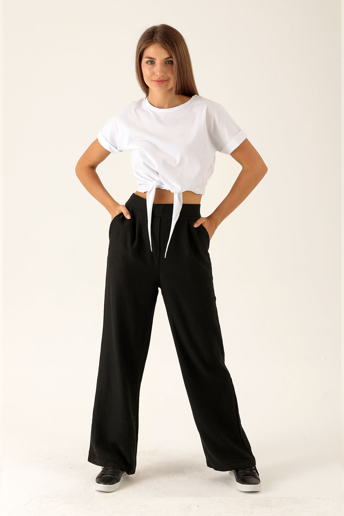 Arkası Lastikli Palazzo Bayan Pantolon - 140 Siyah 